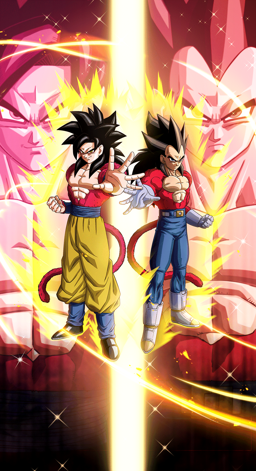 Colorful phone wallpaper featuring Goku and Vegeta in their Super Saiyan 4 forms from the video game Dragon Ball Z Dokkan Battle, showcasing their powerful transformation.