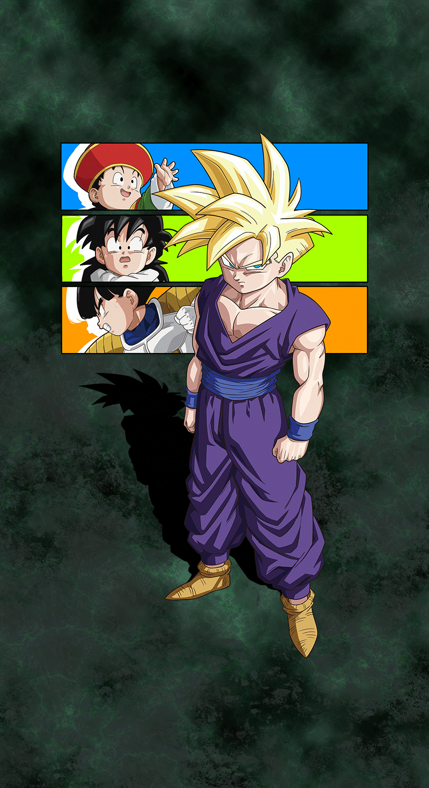 A dynamic phone wallpaper featuring Gohan from Dragon Ball Z Dokkan Battle in his Super Saiyan form, showcasing vibrant colors and action-oriented design.