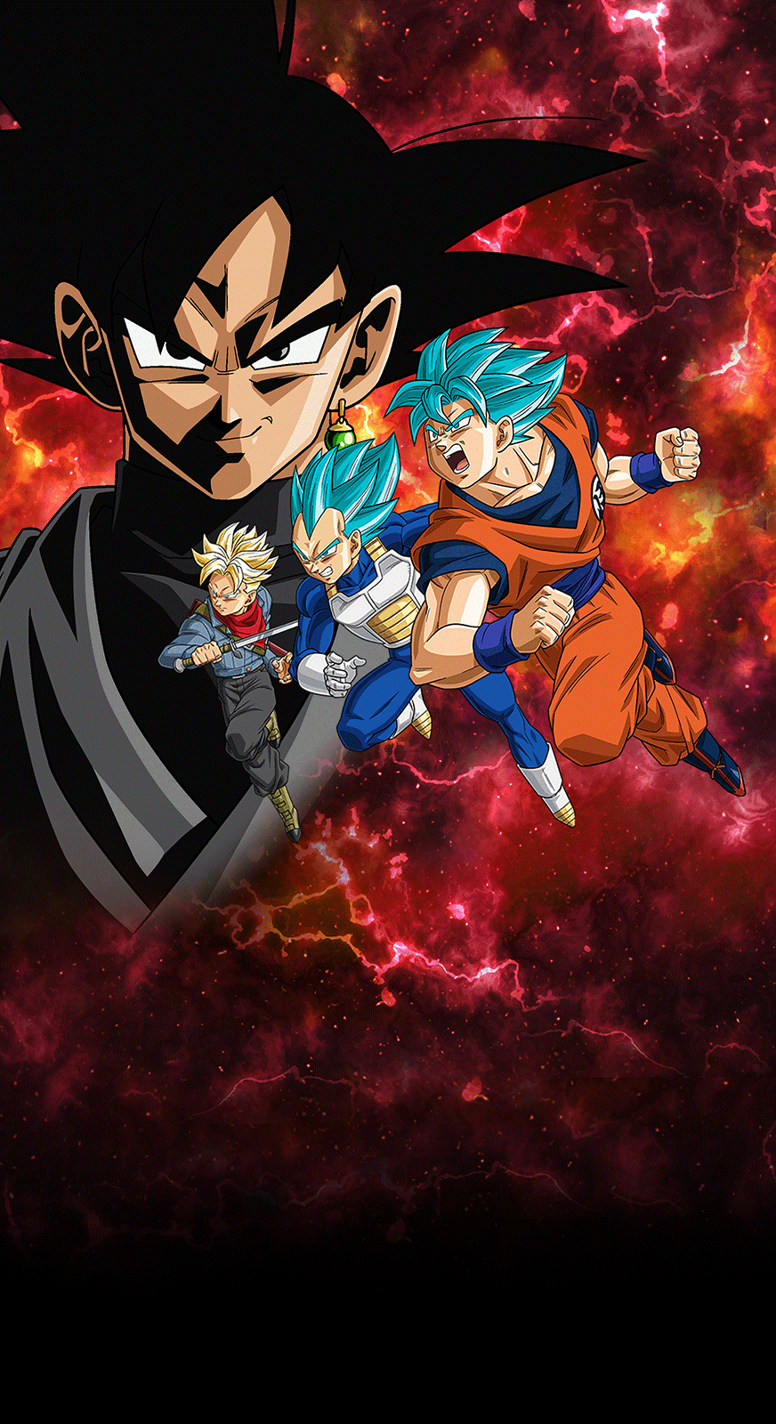 Phone wallpaper featuring Black Goku and Super Saiyan Blue from the video game Dragon Ball Z Dokkan Battle, showcasing dynamic colors and action-inspired design.