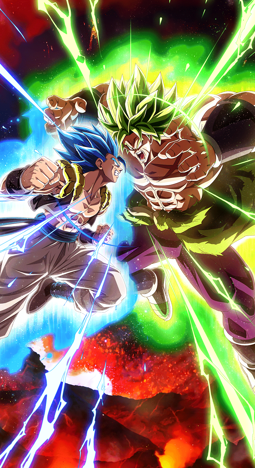 A dynamic phone wallpaper featuring Vegito and Broly from Dragon Ball Super, inspired by the video game Dragon Ball Z Dokkan Battle, showcasing iconic characters in a vibrant design.