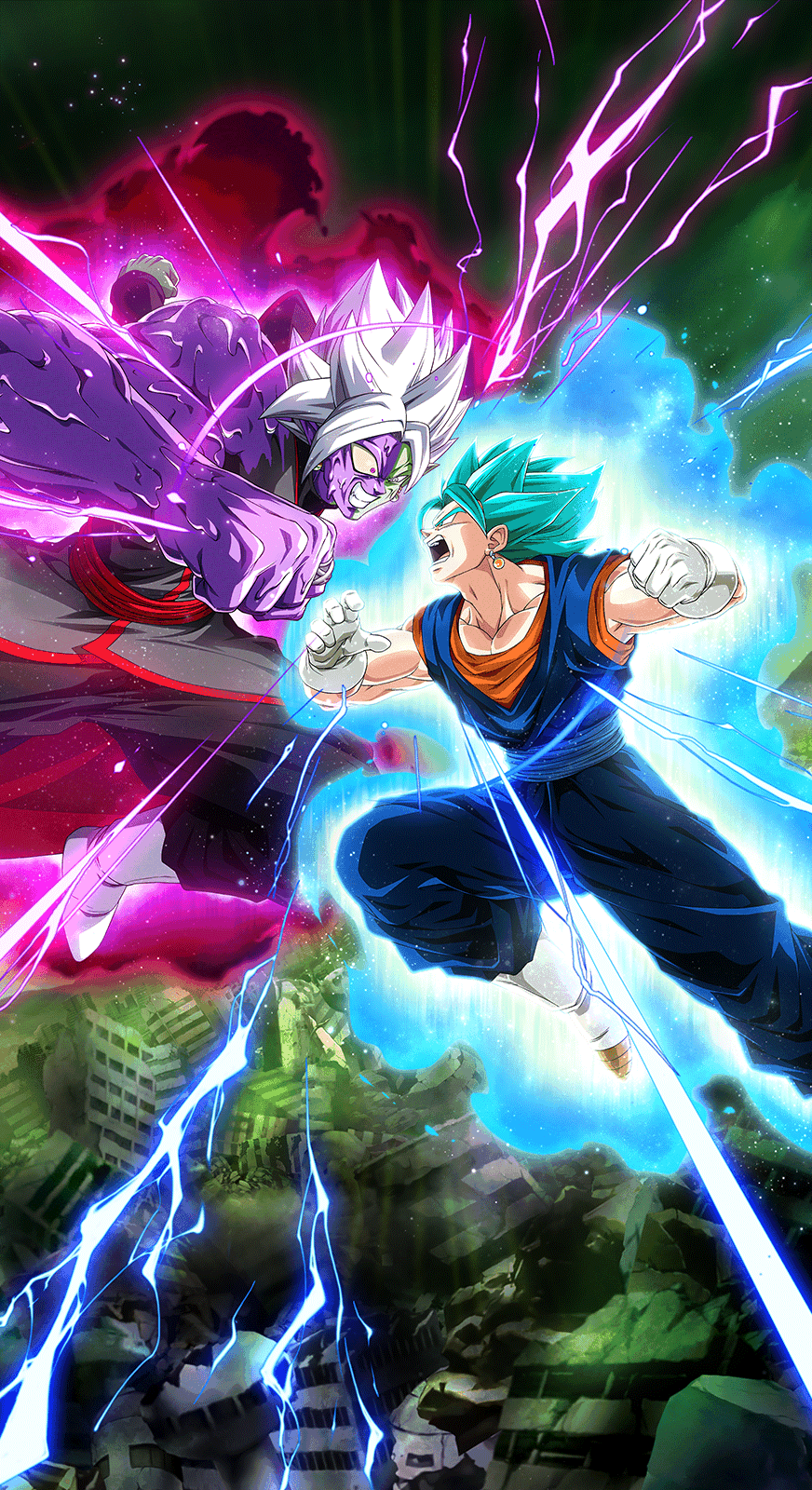 A vibrant phone wallpaper featuring Vegito in Super Saiyan Blue form, poised against Zamasu, inspired by the Dragon Ball Z Dokkan Battle video game.