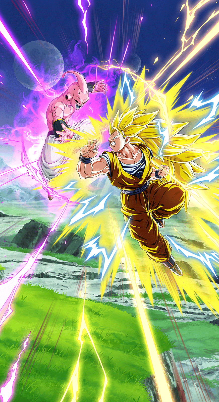 A vibrant phone wallpaper featuring Super Saiyan 3 Majin Buu from Dragon Ball Z Dokkan Battle, capturing the dynamic action and energy of the beloved anime series.