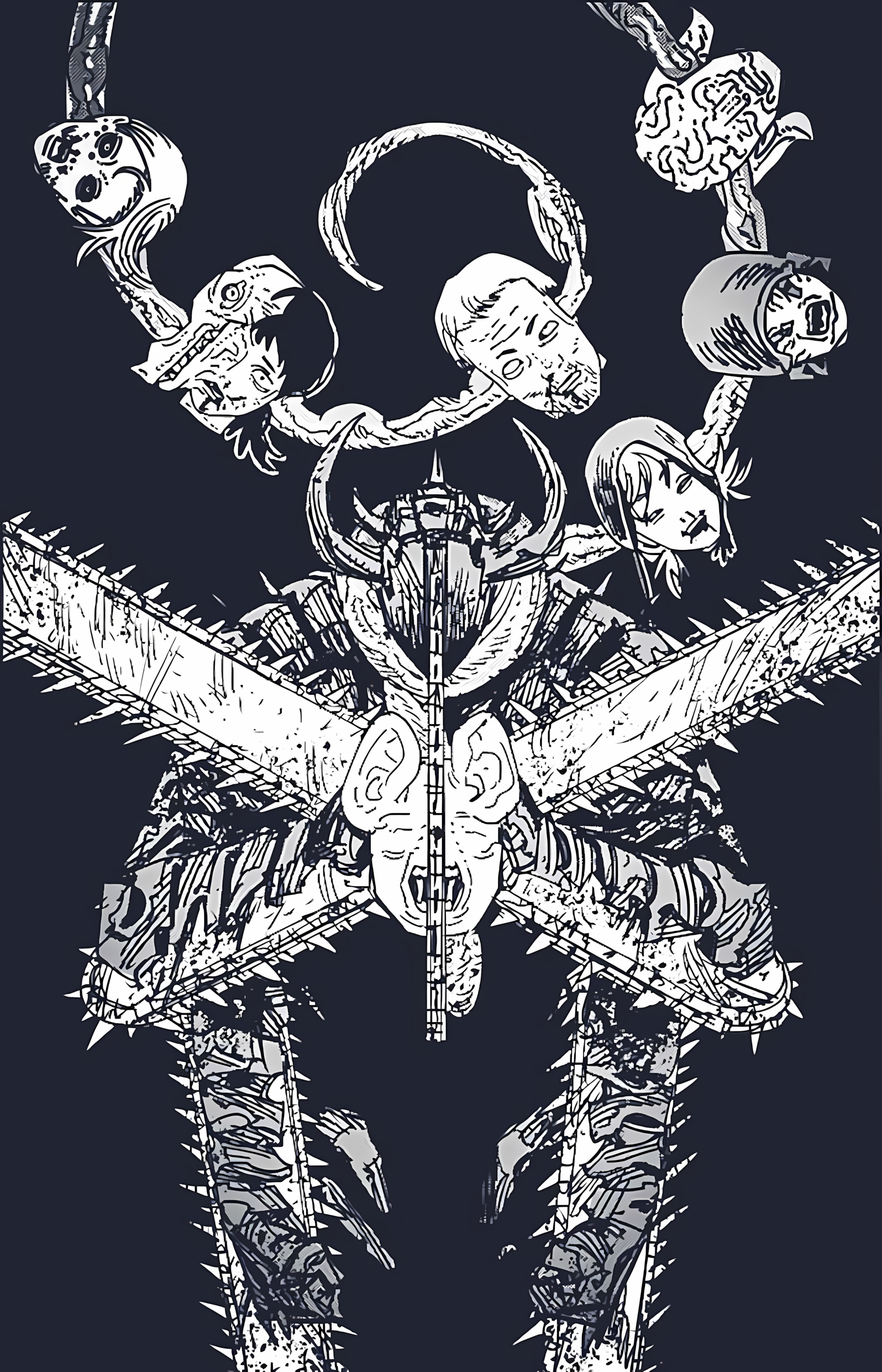 Phone wallpaper featuring monochrome manga-style art of Denji from Chainsaw Man with chainsaw blades and floating heads, designed for both iPhones and Android devices.