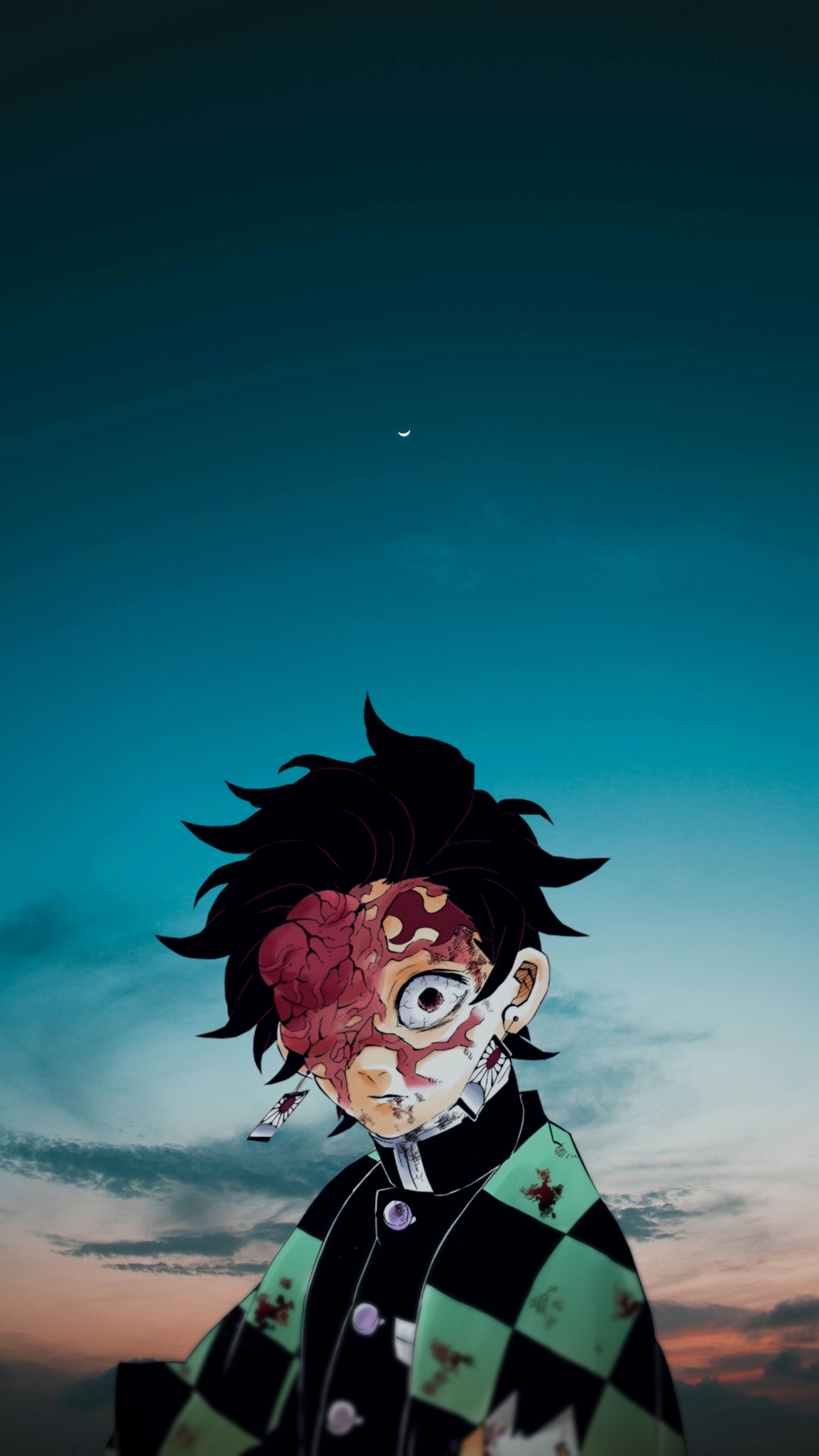 Phone wallpaper of Tanjiro Kamado from Demon Slayer: Kimetsu no Yaiba, featuring his distinctive checkered haori and scarred face, set against a twilight sky, for iPhone and Android.