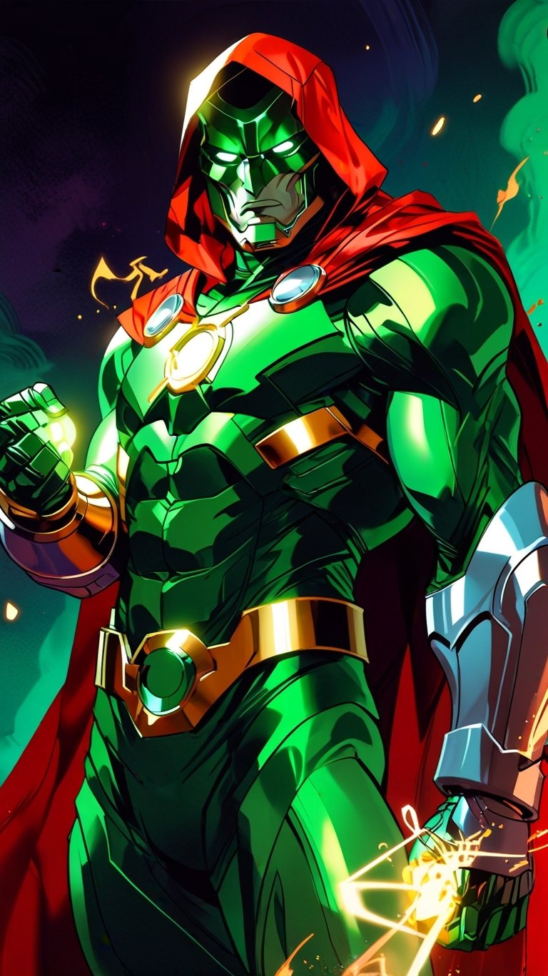 Phone wallpaper featuring Doctor Doom in a green armored suit with a red hood and cape, glowing eyes, and sparks, inspired by Robert Downey Jr.'s dynamic portrayal.