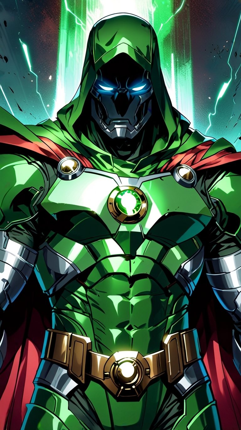 Phone wallpaper of Doctor Doom in vibrant green armor and glowing blue eyes, inspired by Robert Downey Jr., designed for display on iPhones and Android devices.