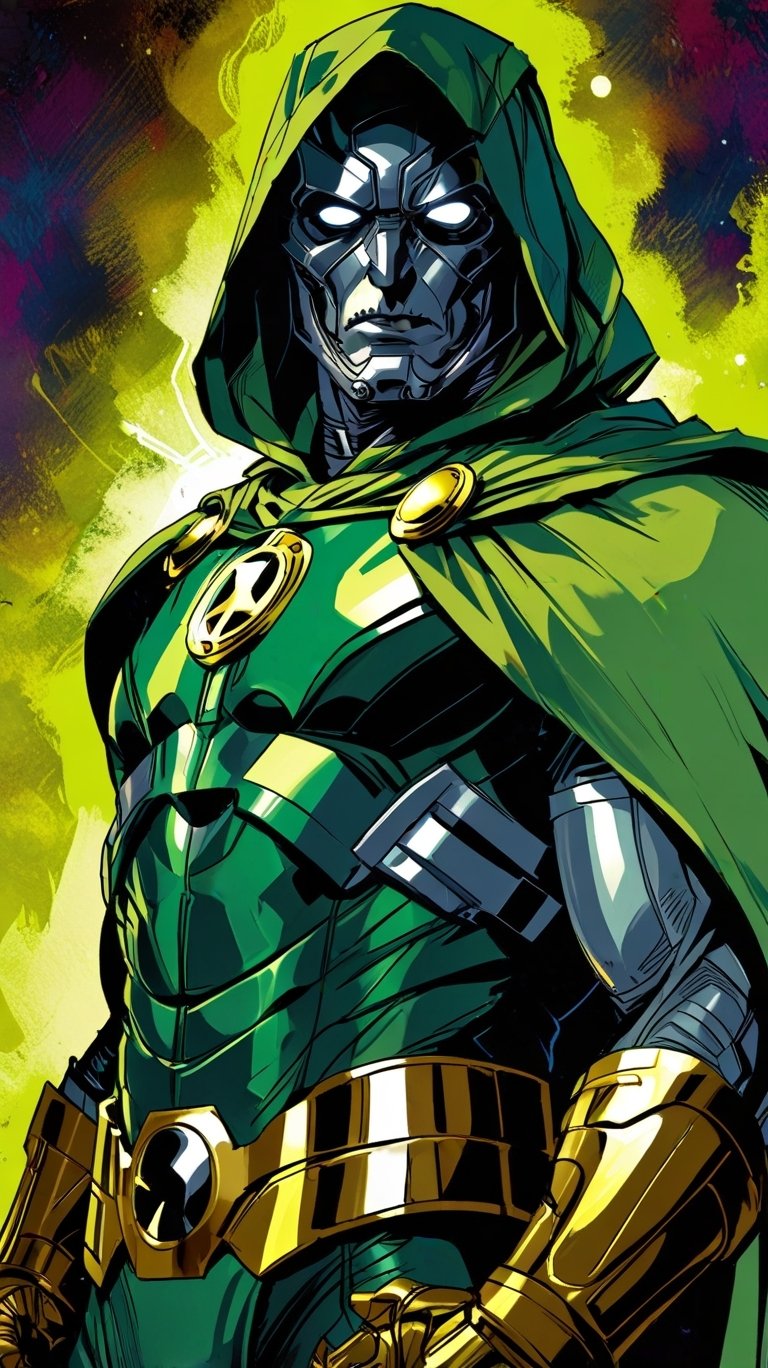 Phone wallpaper featuring Doctor Doom in green armor and hood, with glowing eyes and metallic mask, styled as Robert Downey Jr. The vibrant background adds dramatic effect.