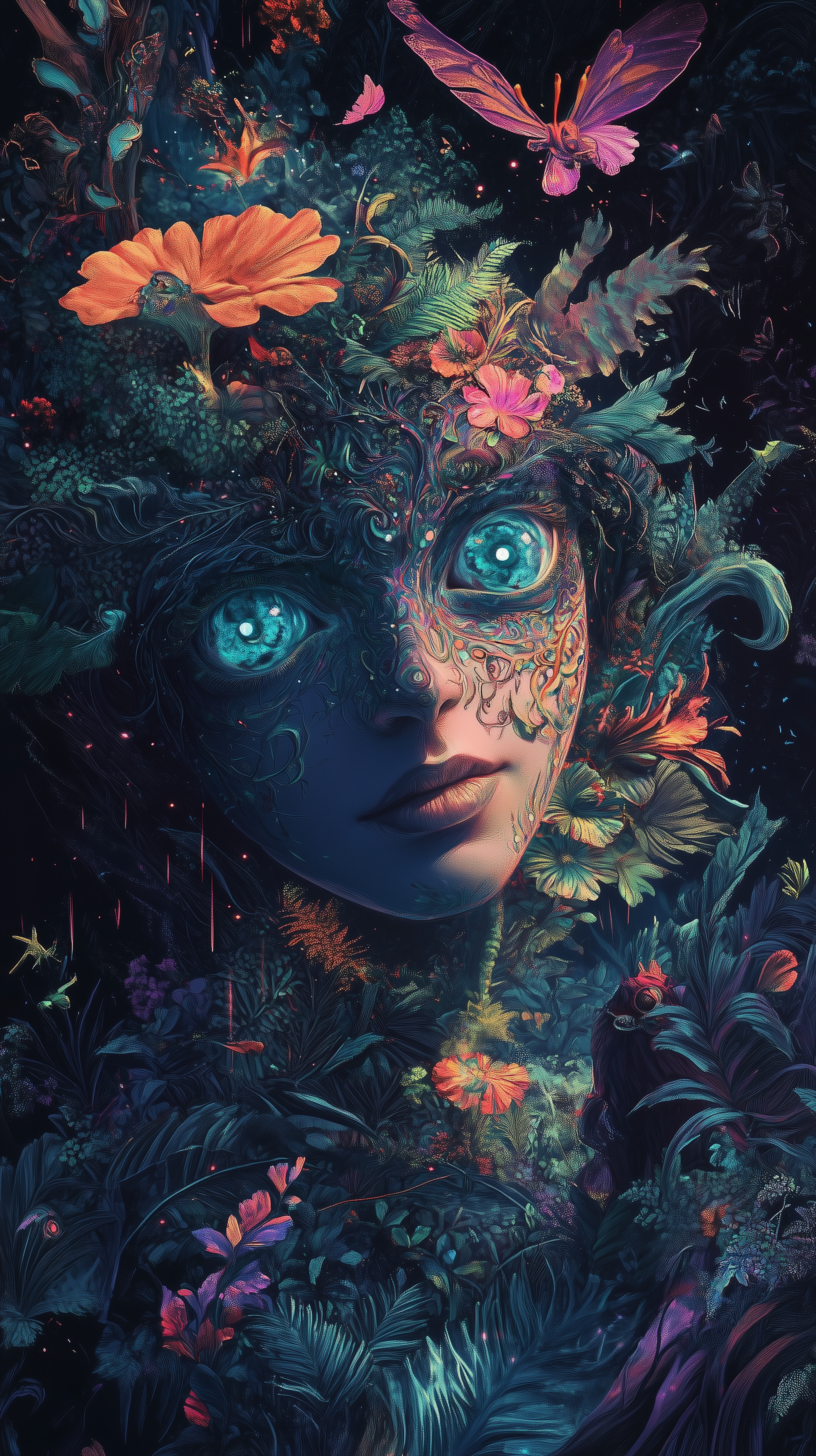 A magical fairy tale-inspired phone wallpaper featuring a mystical face adorned with vibrant flowers, swirling vines, and glowing blue eyes, evoking an enchanted, otherworldly atmosphere.