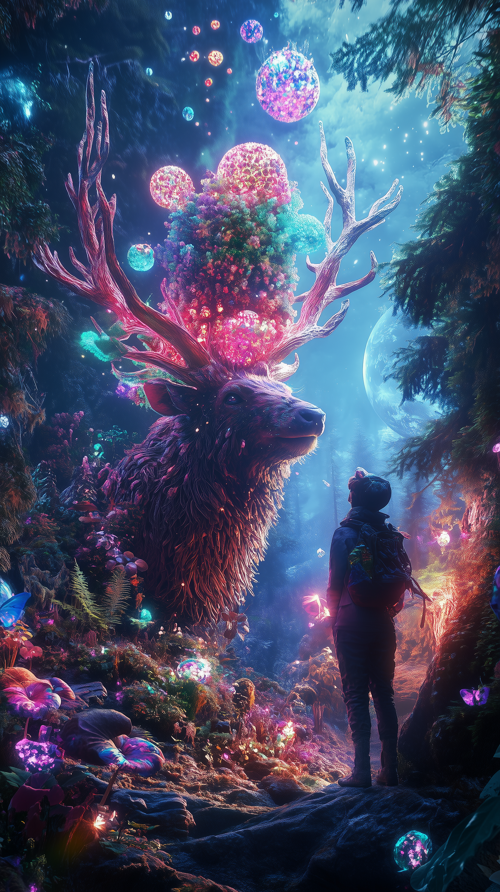A magical scene unfolds as a large, enchanting deer adorned with glowing orbs stands in a vibrant forest, while a figure gazes in wonder. A captivating fairy tale wallpaper.