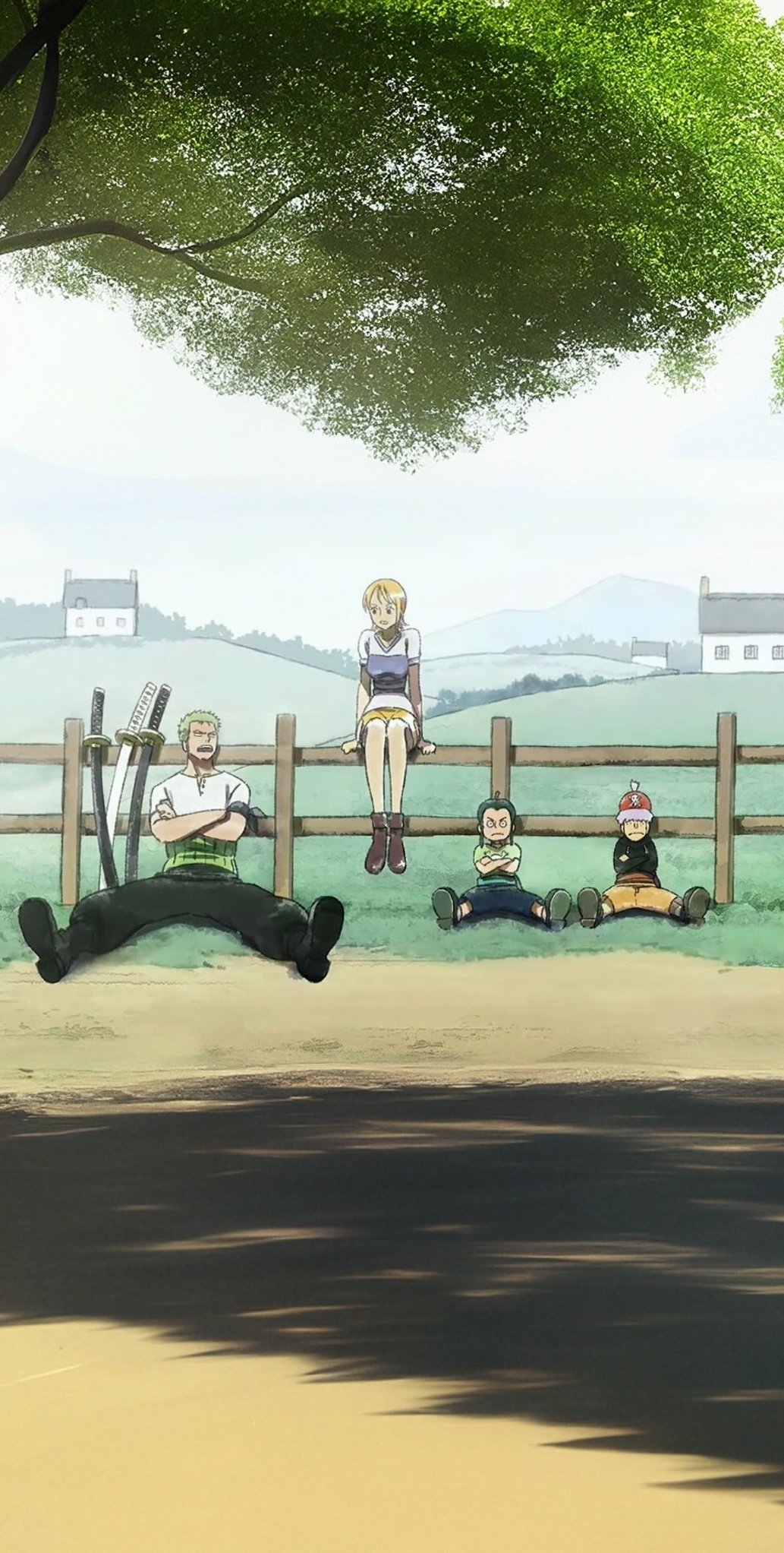 One Piece anime phone wallpaper (iPhone/Android): Nami sitting on a fence with Roronoa Zoro and crew relaxing under a large tree in a pastoral scene.