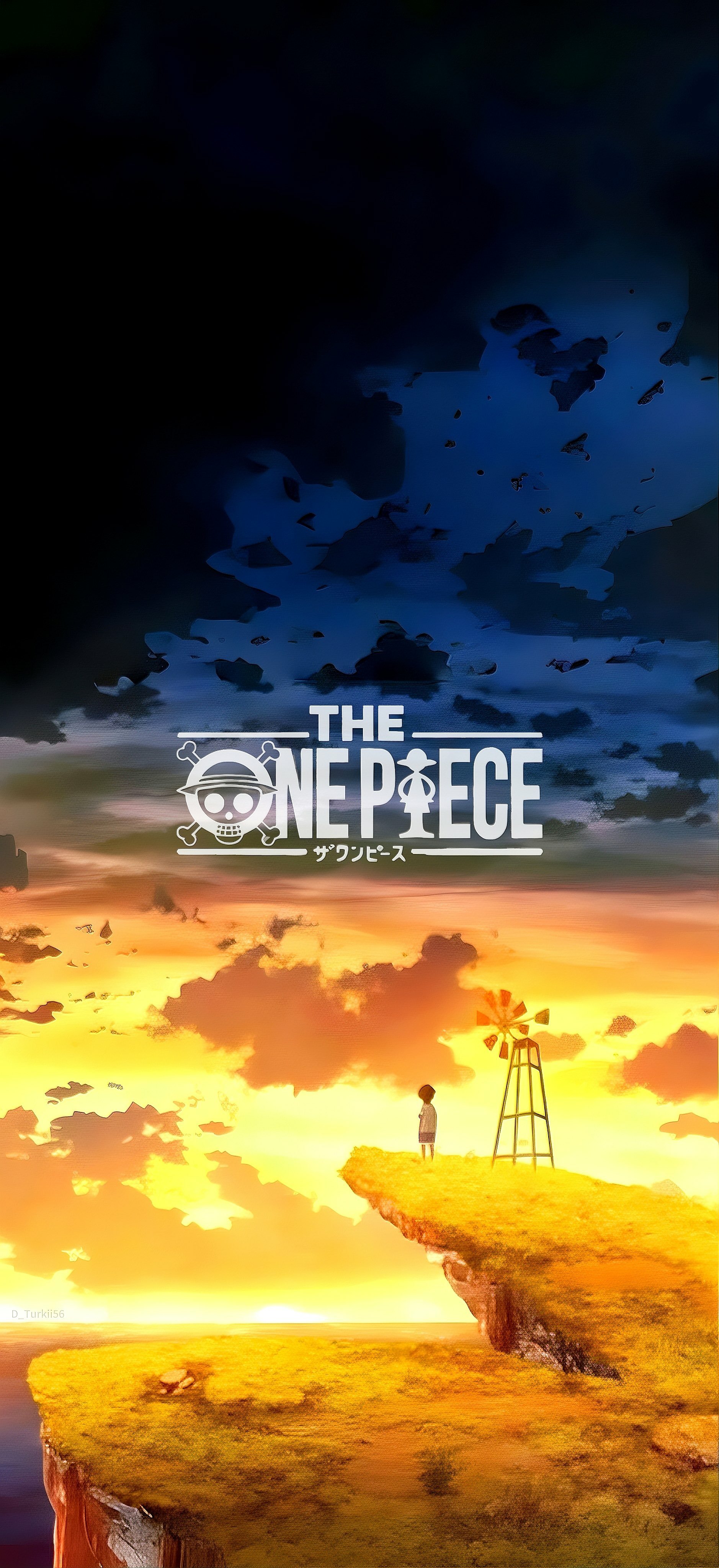 One Piece anime phone wallpaper for iPhone and Android: lone figure on a cliff at sunset beneath a dramatic sky, The One Piece logo centered.