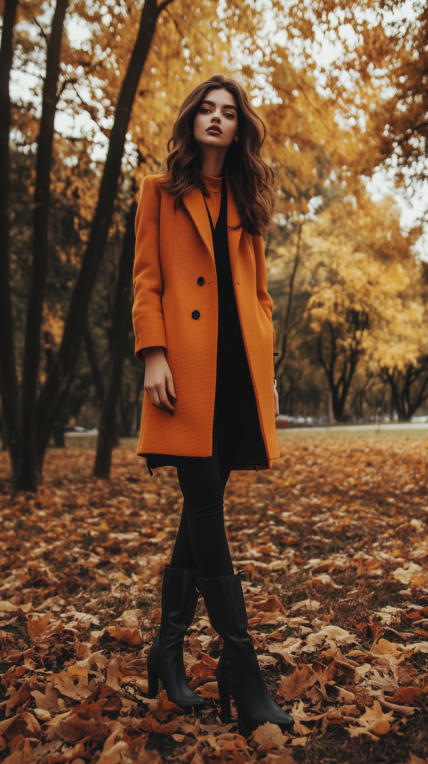 A stylish woman showcases fall fashion in this phone wallpaper, featuring warm tones and trendy layers that capture the essence of autumn style.