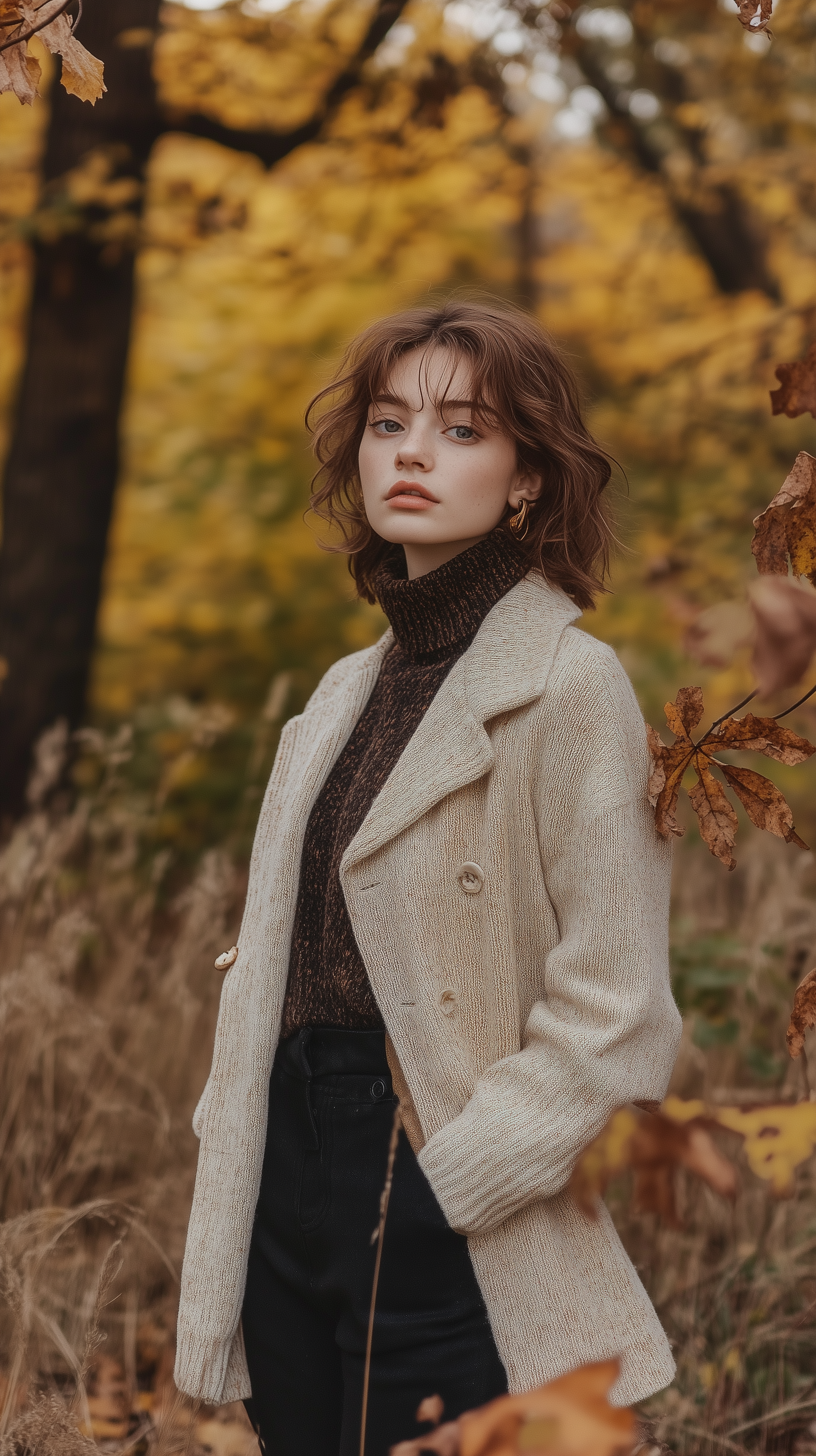 A woman in a stylish fall outfit stands among autumn leaves, embodying seasonal fashion. This phone wallpaper captures her casual elegance and natural beauty.