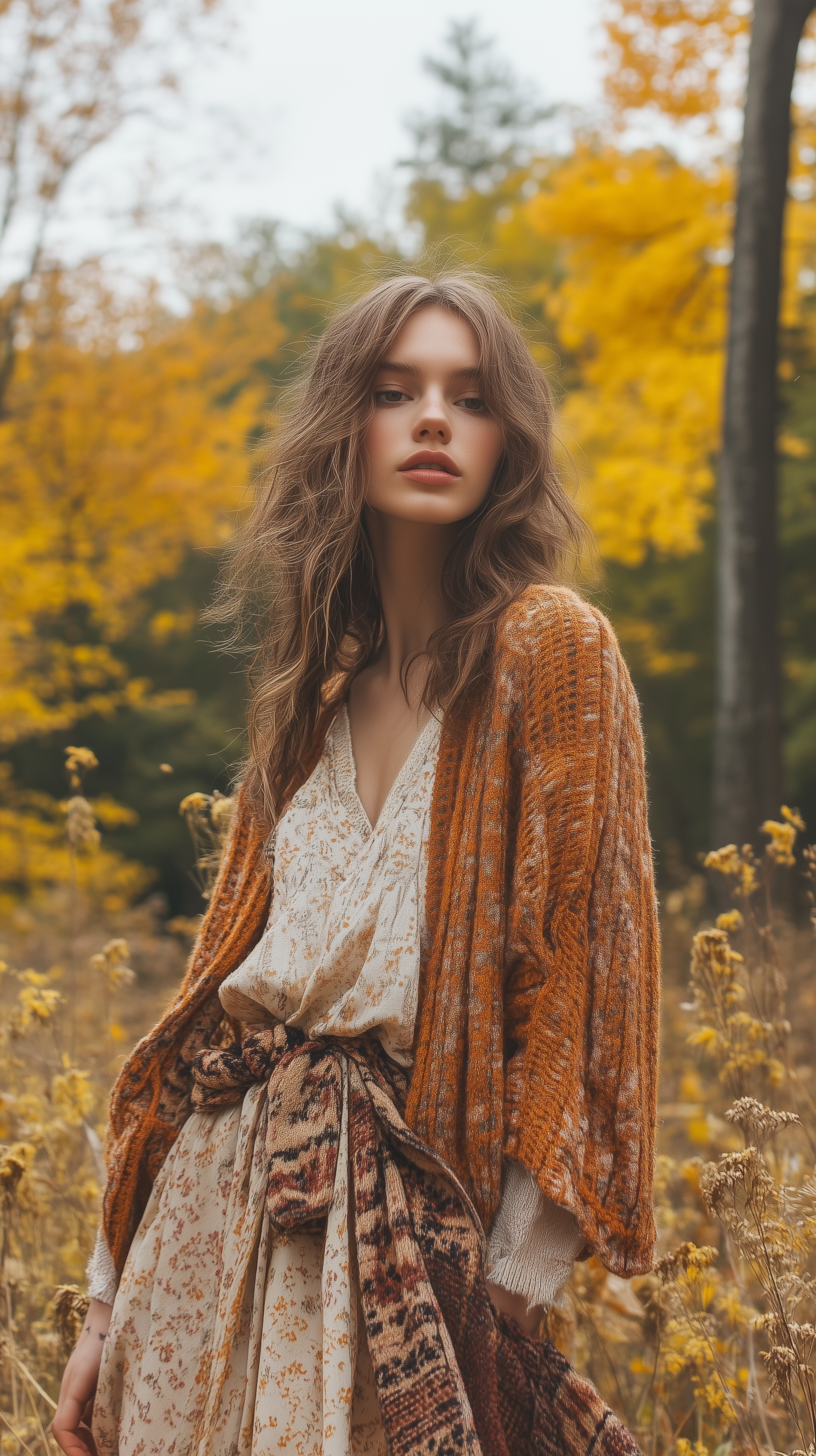 A stylish woman in fall fashion, featuring rich autumn colors and textures, makes for a trendy phone wallpaper that captures the essence of the season.