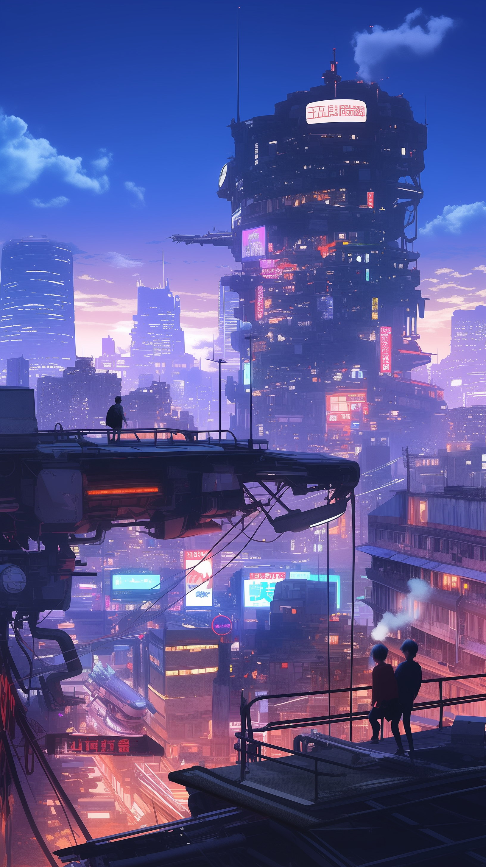 A vibrant cyberpunk futuristic city skyline, featuring neon lights and advanced architecture, designed as an eye-catching phone wallpaper.