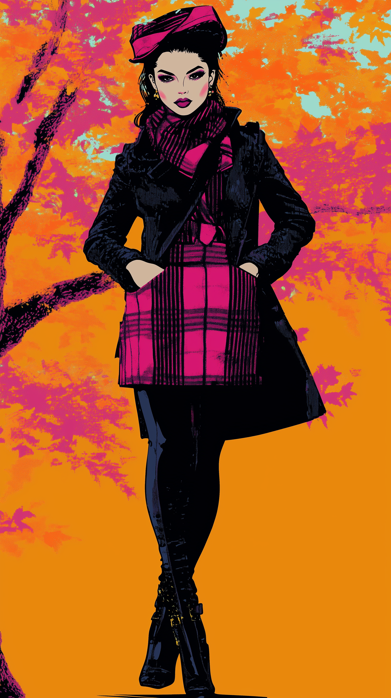 A stylish woman showcasing contemporary fashion, this phone wallpaper captures elegance and trendiness, making a bold statement on any device.