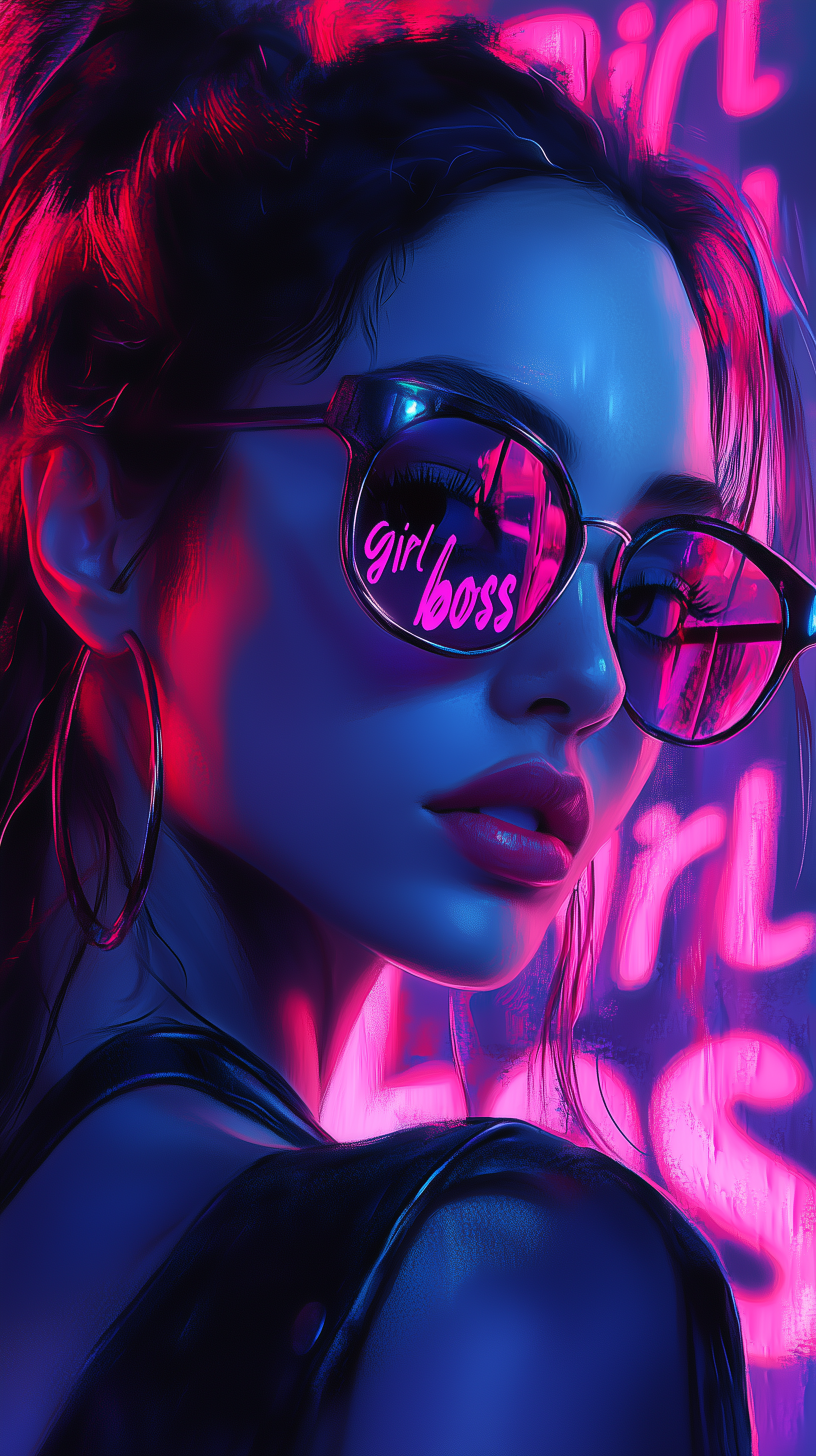 A vibrant digital wallpaper featuring a woman with sunglasses reflecting the phrase girl boss, surrounded by neon pink and blue lights, embodying confidence and empowerment.