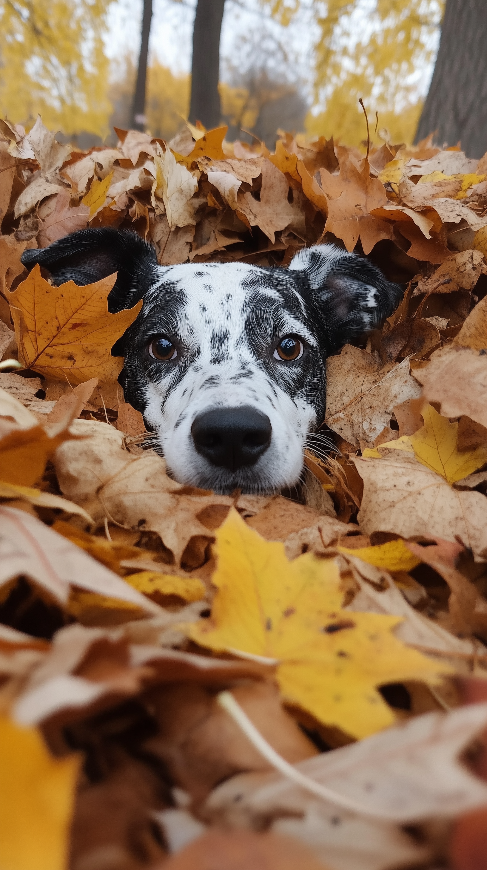A playful dog peeks through a vibrant pile of autumn leaves, capturing the essence of fall in this charming phone wallpaper.