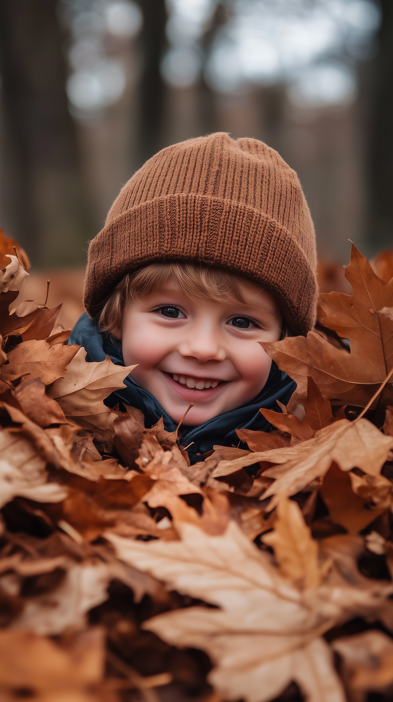A cute child joyfully plays in a vibrant leaf pile, capturing the essence of autumn. This charming image makes a delightful phone wallpaper.
