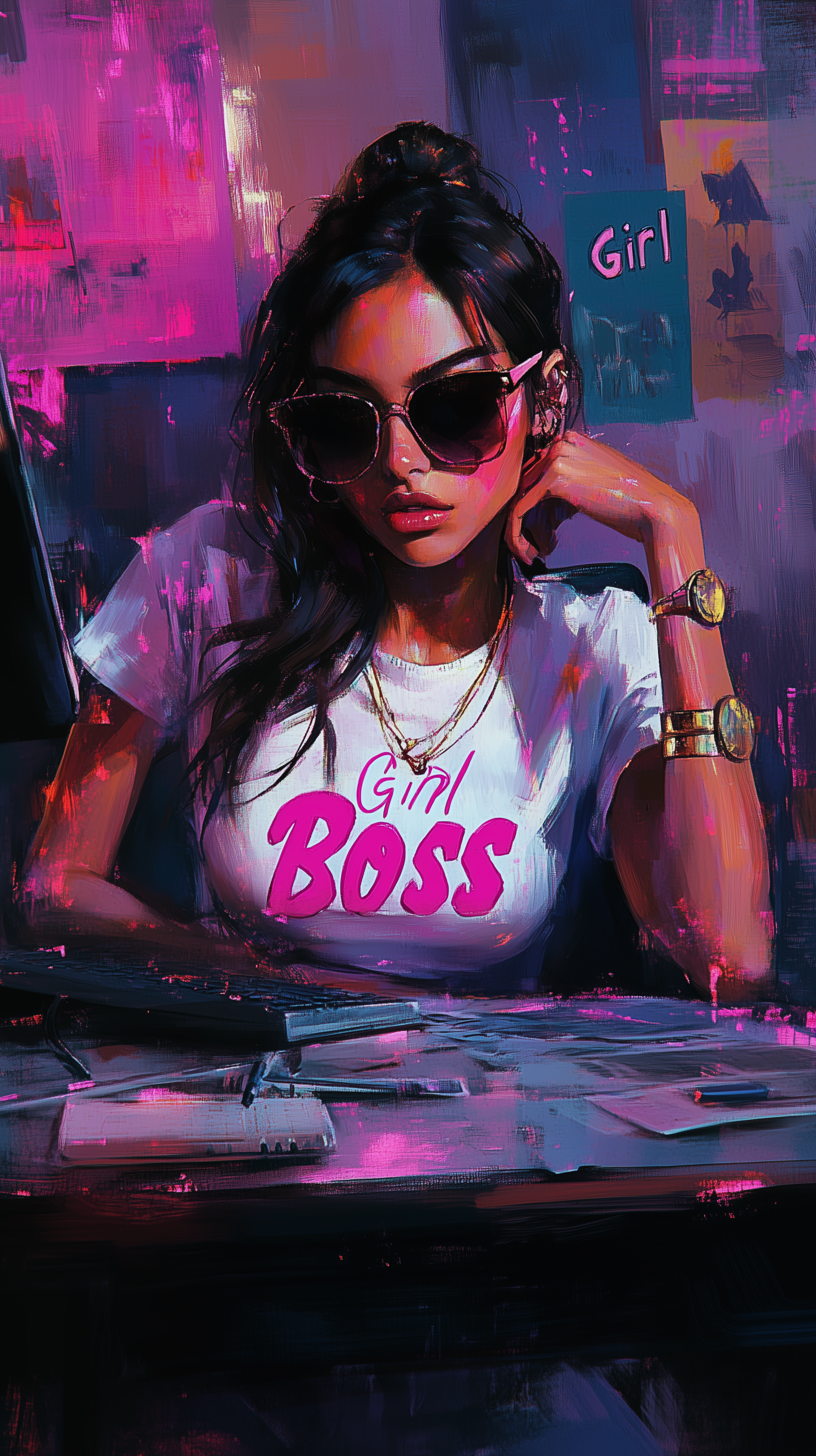 A confident woman wearing sunglasses and a Girl Boss t-shirt sits at a desk covered in papers, embodying empowerment and style in this vibrant phone wallpaper.