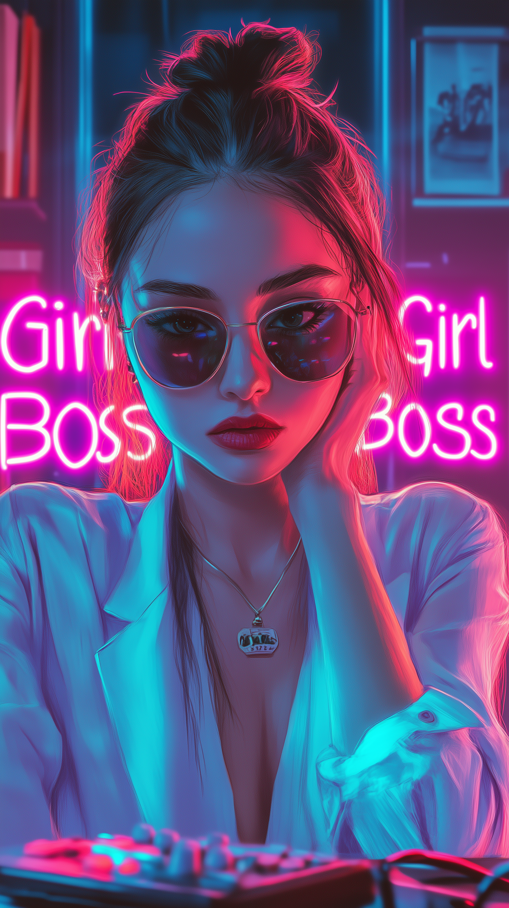 A confident woman in sunglasses poses against a vibrant neon backdrop featuring Girl Boss text, embodying empowerment and style in a striking phone wallpaper.