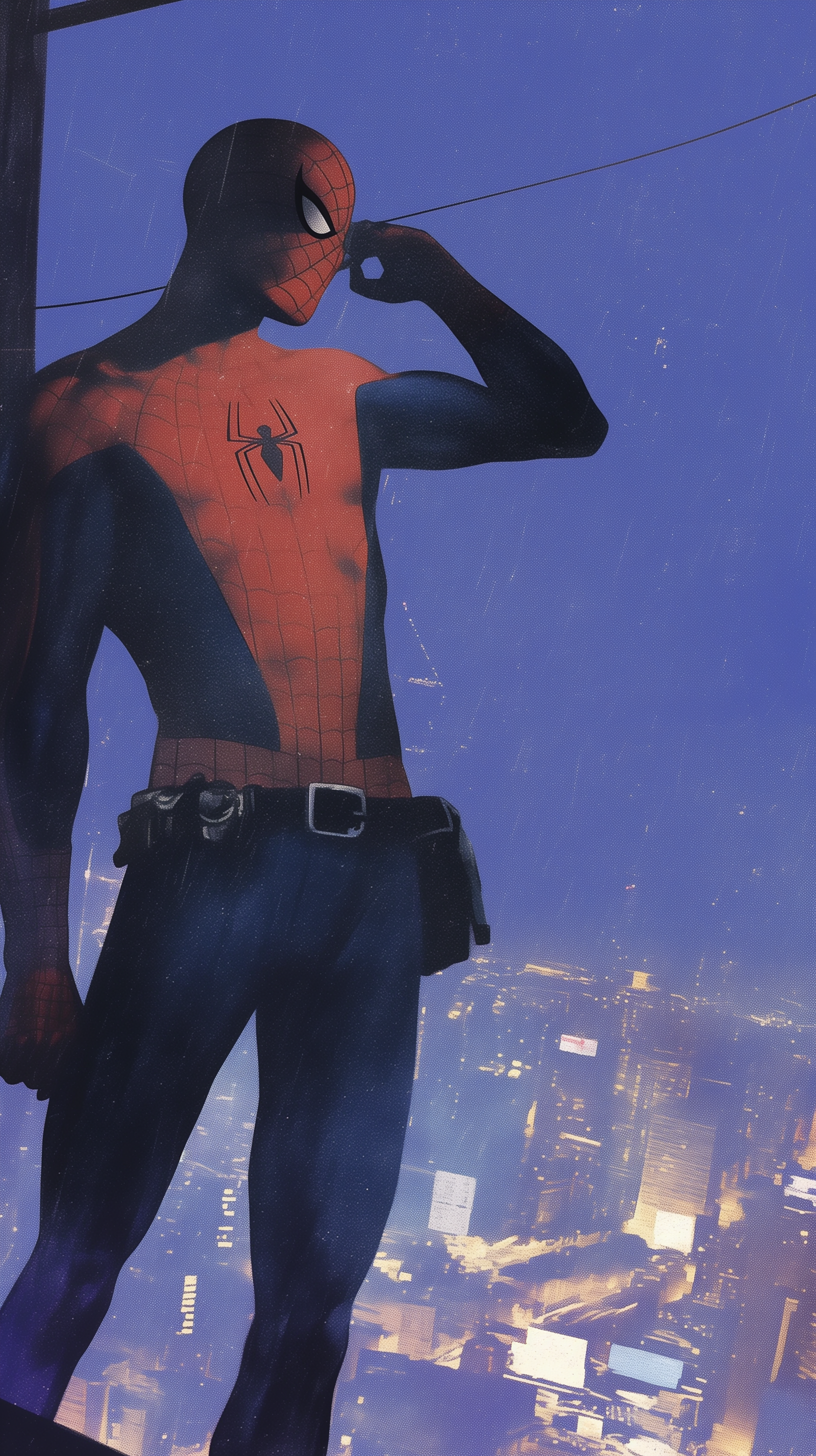 A striking comic-style phone wallpaper featuring Spider-Man standing against a rainy city skyline, emphasizing his iconic suit and heroic stance.