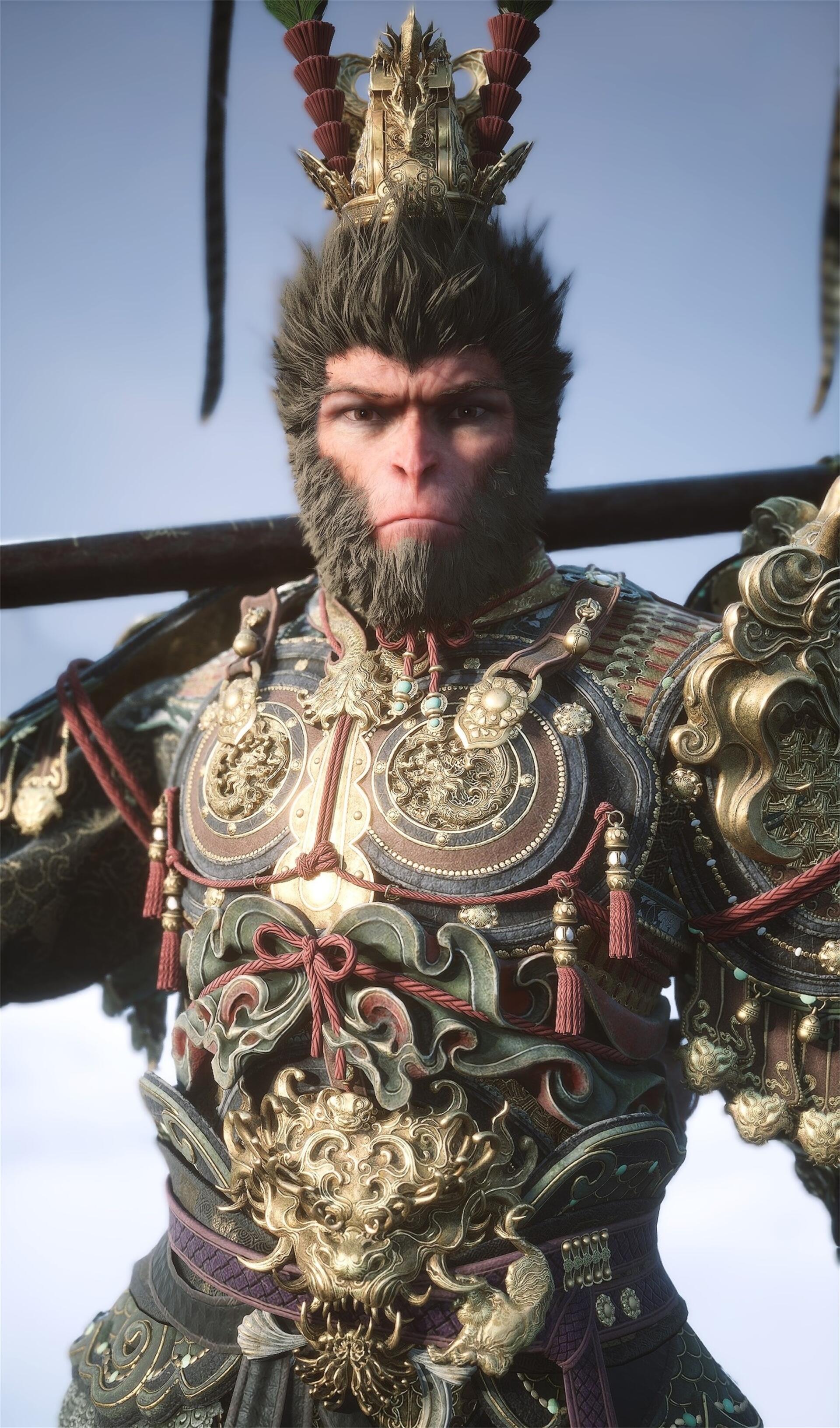 A striking phone wallpaper featuring the character from the video game Black Myth: Wukong, showcasing a detailed warrior design with ornate armor and a fierce expression.