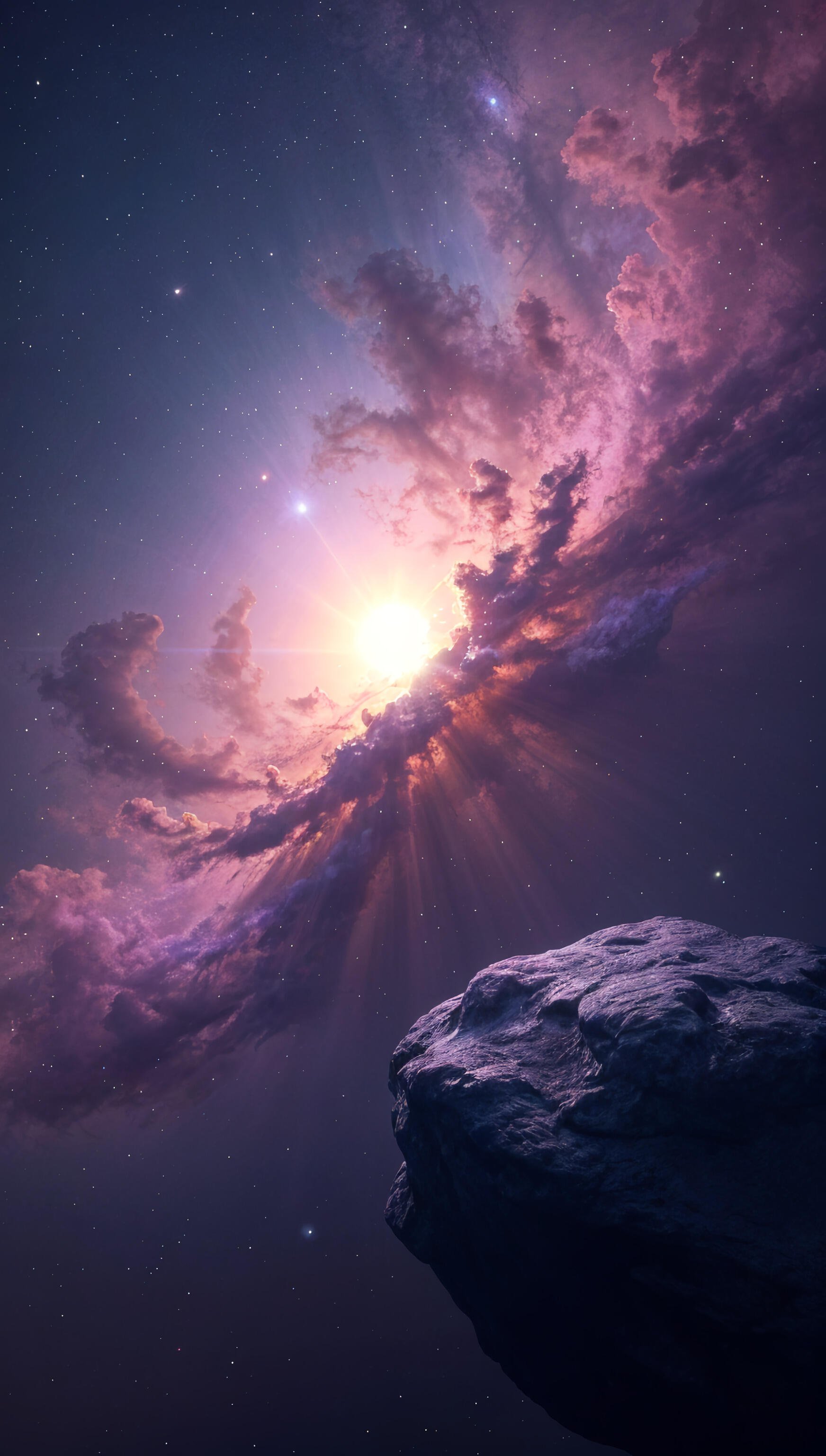 Cosmic phone wallpaper featuring a glowing nebula, a detailed asteroid in the foreground, and a starry sky, designed for both iPhones and Android devices.