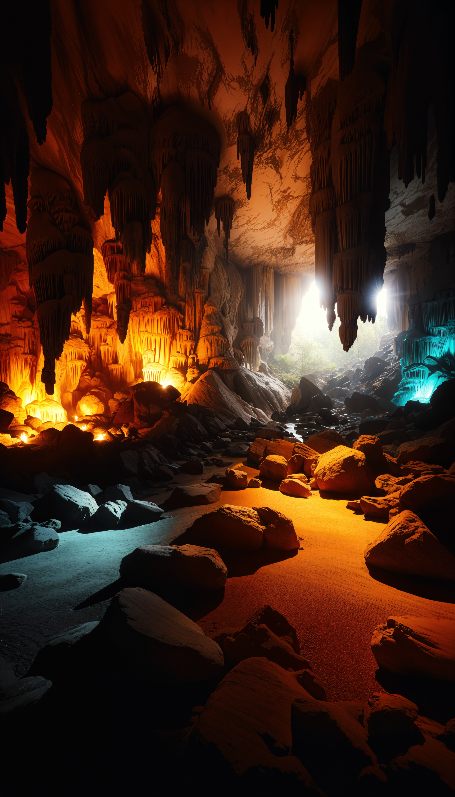 A captivating underground cave scene designed as a phone wallpaper, featuring unique rock formations and a mysterious ambiance.