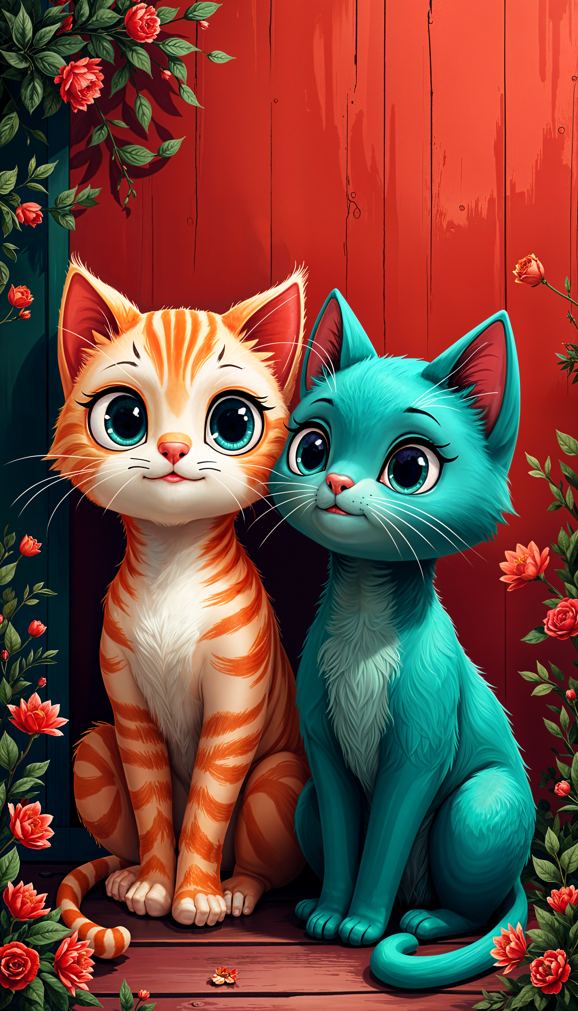 A cute cat wallpaper featuring an orange and white striped cat and a teal cat, both with large, expressive eyes, surrounded by colorful flowers against a vibrant red background.