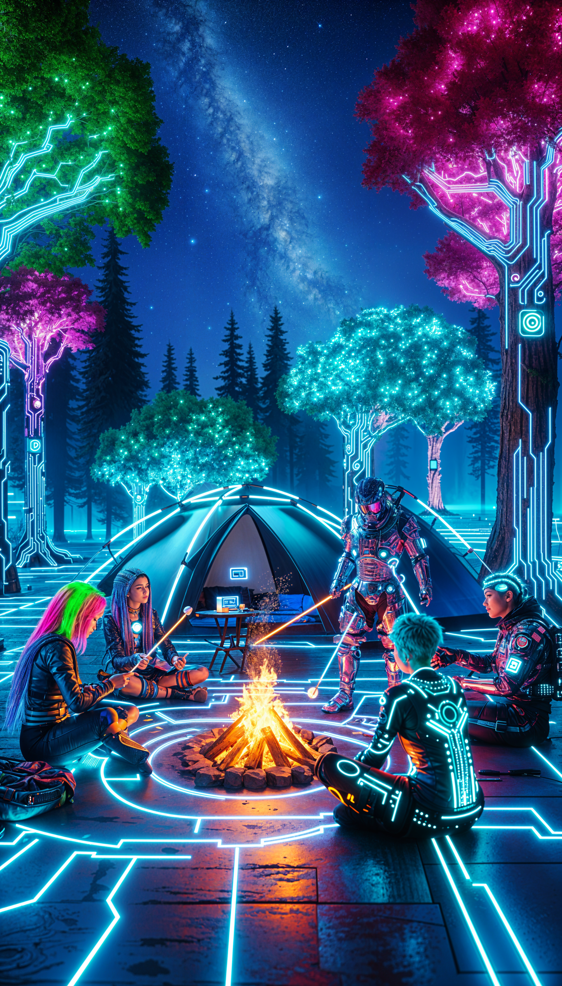 Futuristic neon camping trip wallpaper featuring a group around a glowing campfire with vibrant trees and a starry sky, designed for iPhone and Android phones.