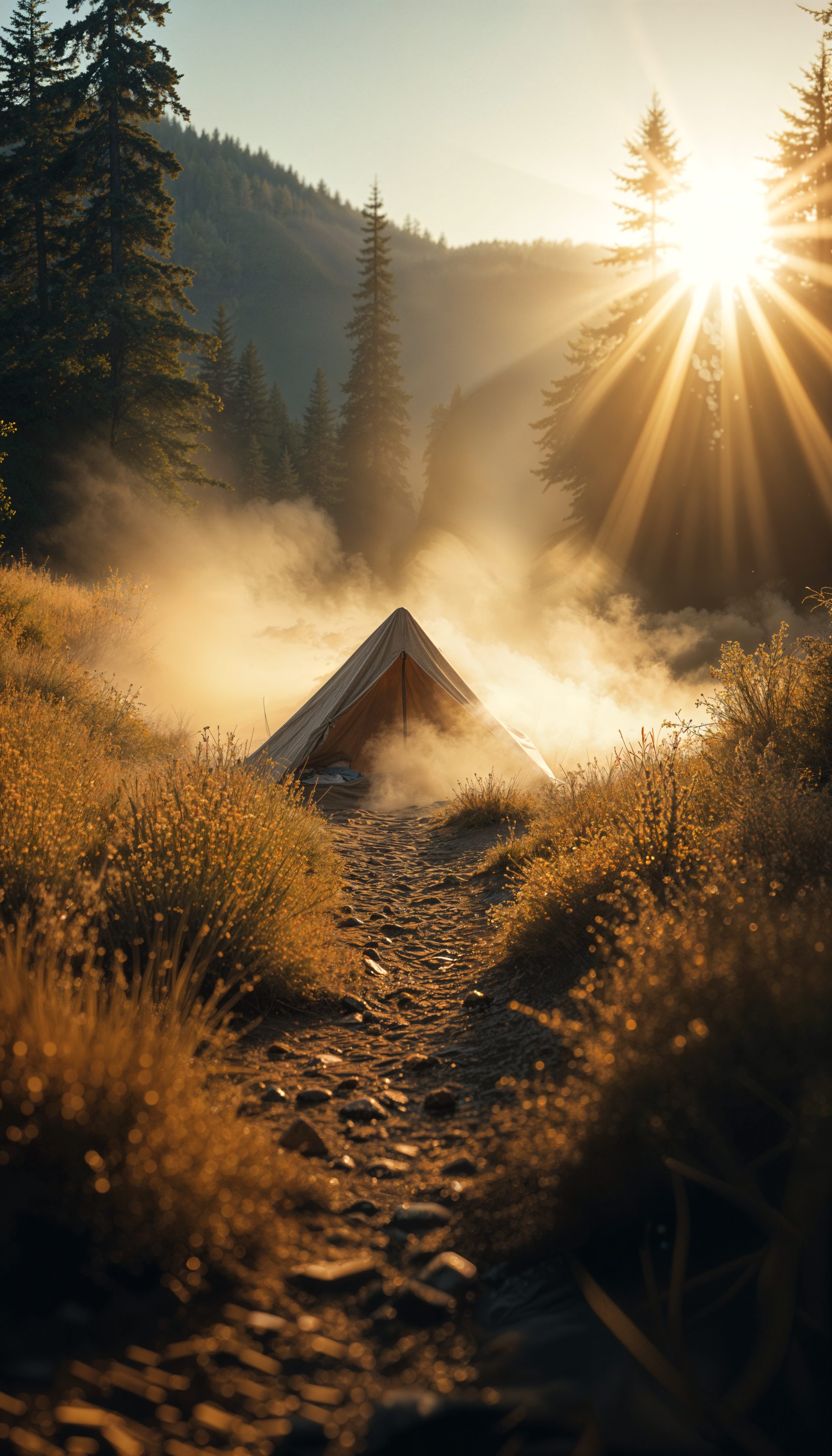 A serene camping scene featuring a tent nestled among tall trees, with sunlight streaming through the misty morning, creating a tranquil phone wallpaper.