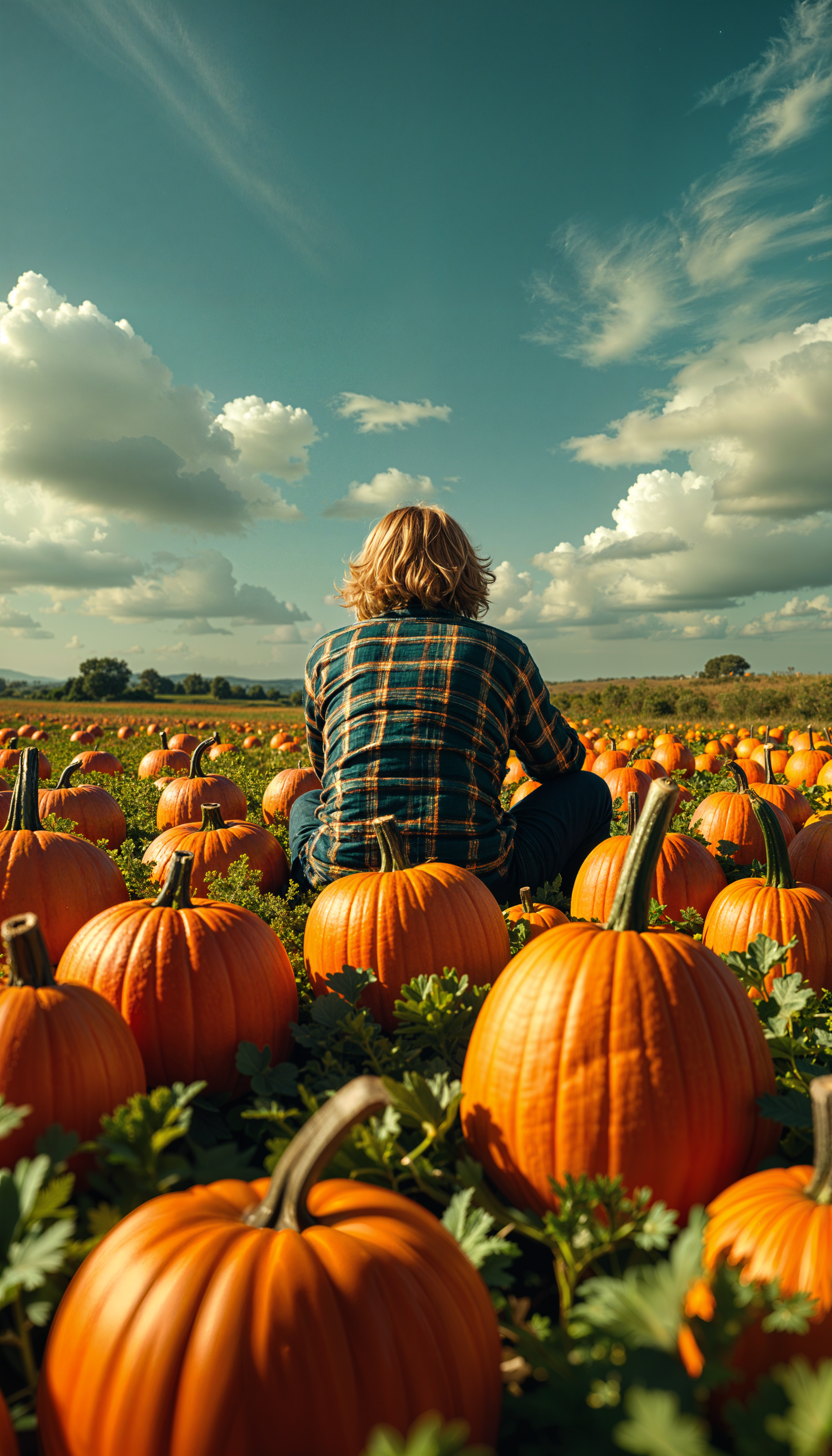 A person sits among vibrant orange pumpkins in a sunlit pumpkin patch, surrounded by lush greenery and an expansive blue sky, creating a warm and inviting phone wallpaper.
