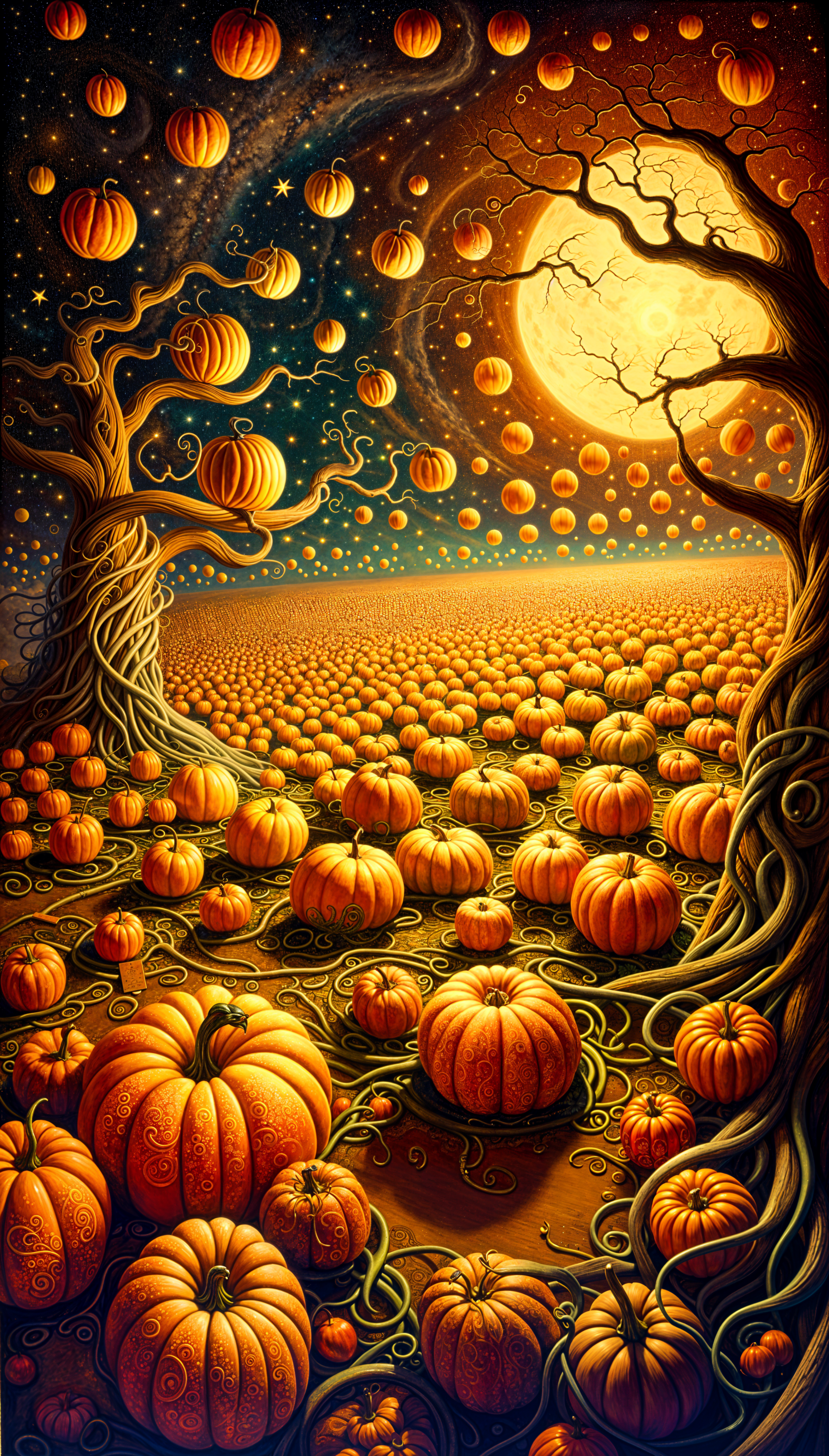 A vibrant phone wallpaper depicting a pumpkin patch under a full moon, surrounded by swirling branches and glowing pumpkins among a starry sky.