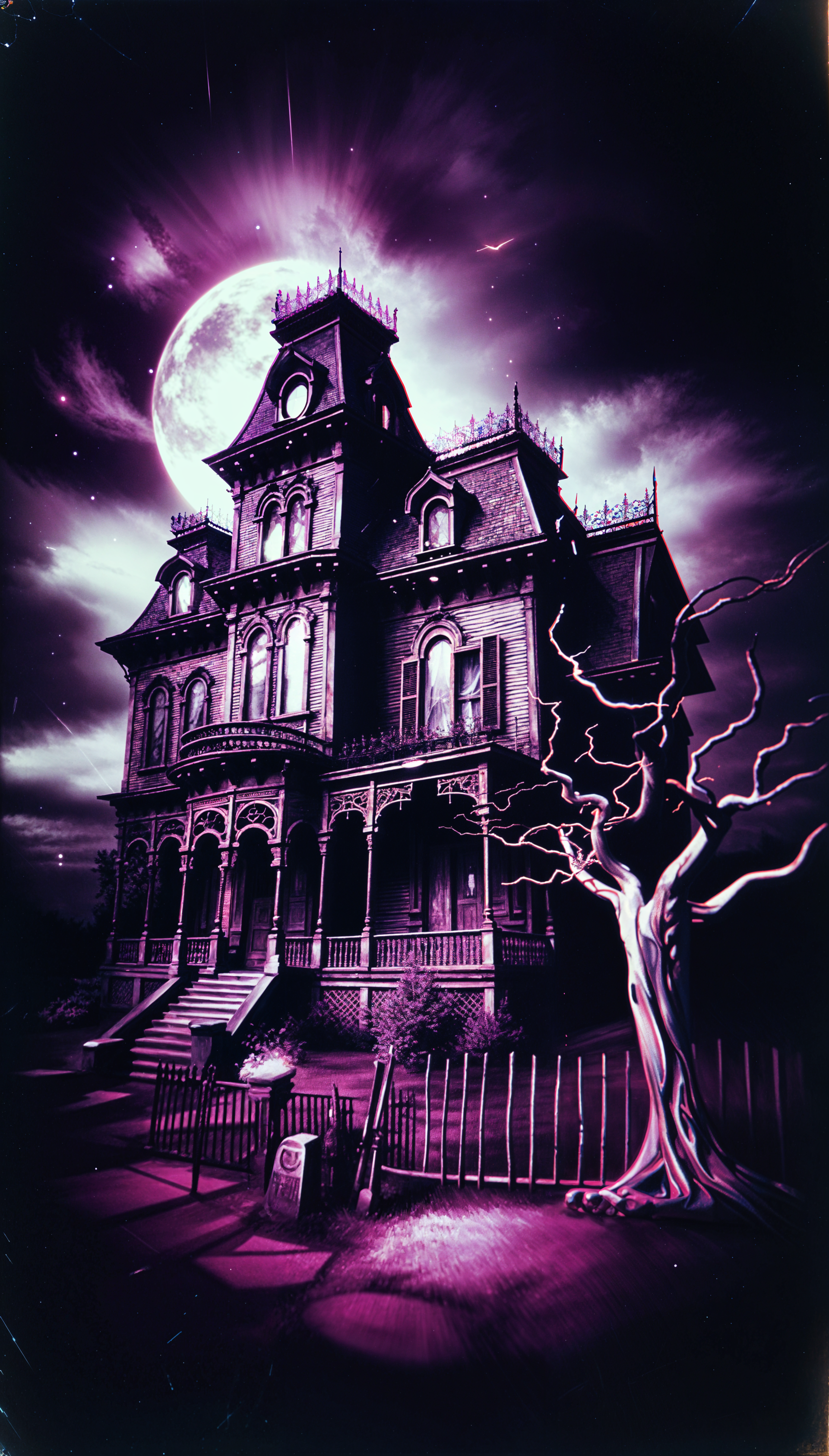 Gothic haunted house with a full moon, eerie tree, and dark spooky ambiance set as a vertical phone wallpaper for iPhone and Android.