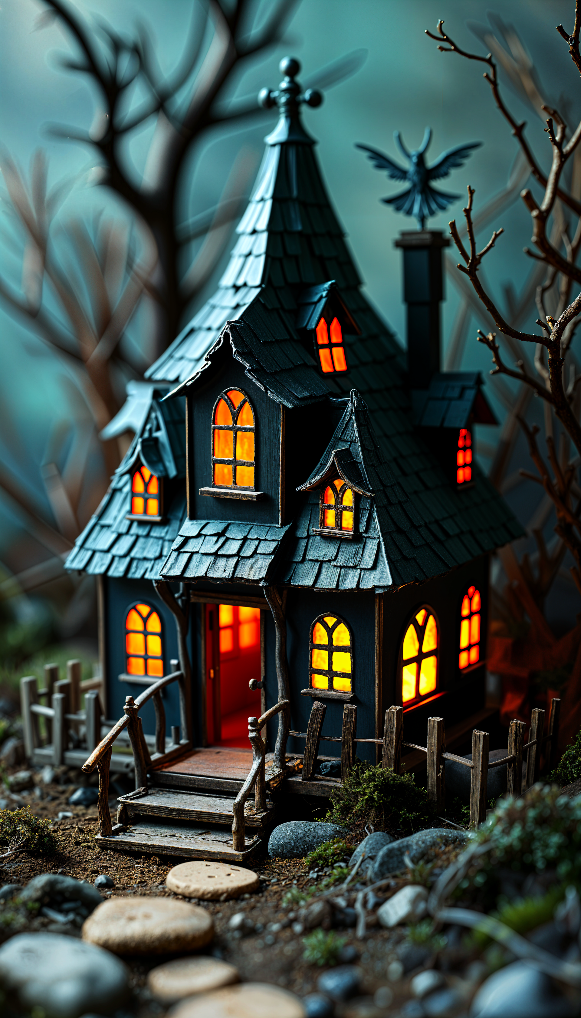 Illuminated model haunted house with glowing windows, surrounded by a spooky autumn landscape, set as a phone wallpaper for iPhones and Android devices.