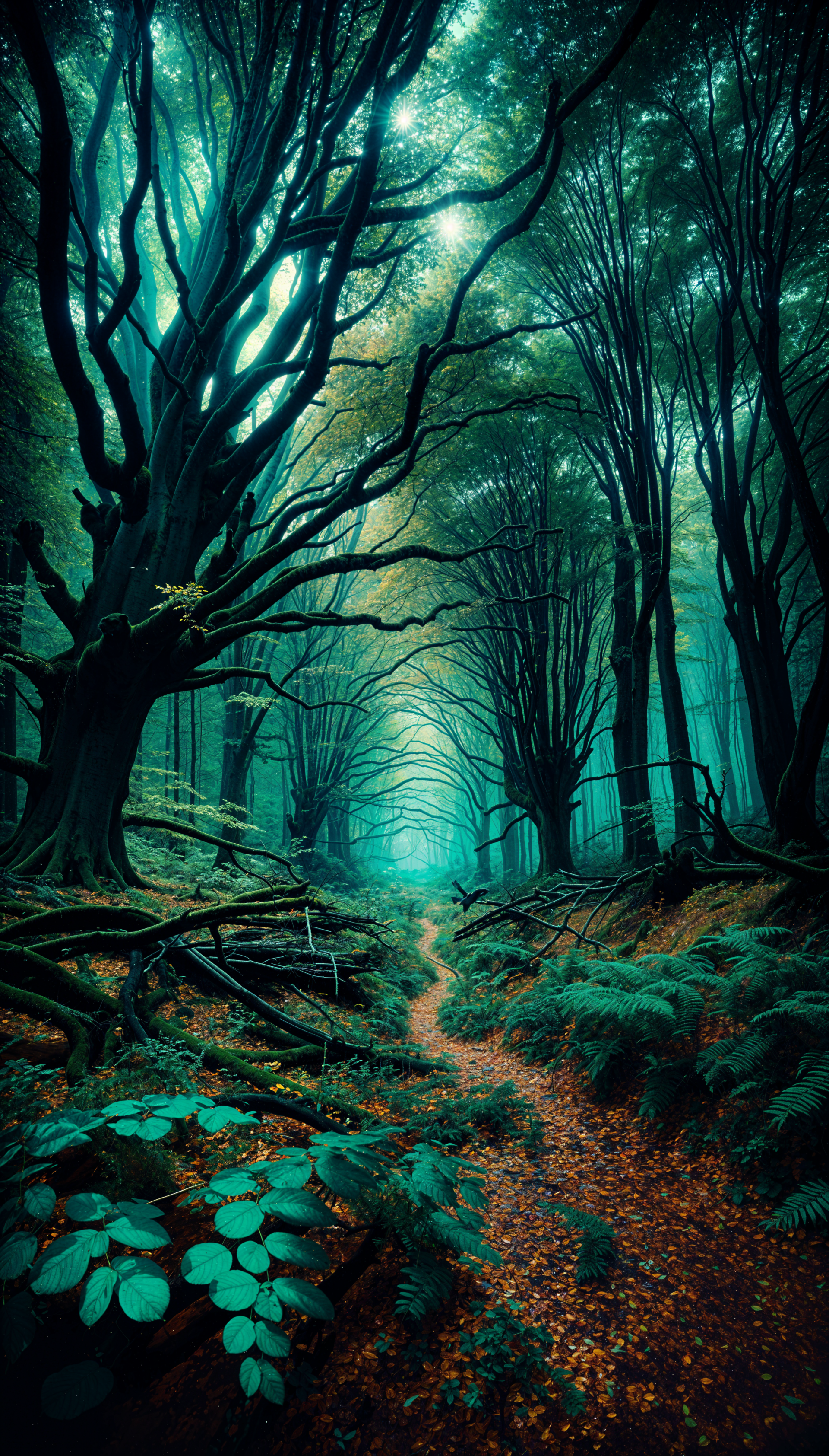 A mystical, spooky forest wallpaper featuring twisted trees and a winding path, shrouded in mist and rich, dark greens, creates an eerie yet enchanting atmosphere.