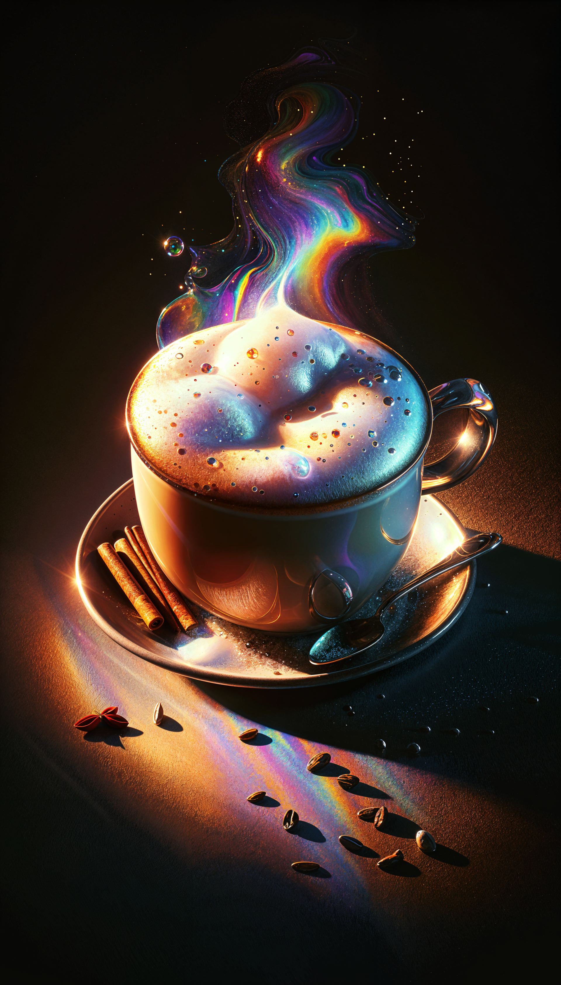 A vibrant pumpkin spice latte with swirling colors and steam, set on a plate with cinnamon sticks and scattered spices, designed as a phone wallpaper.