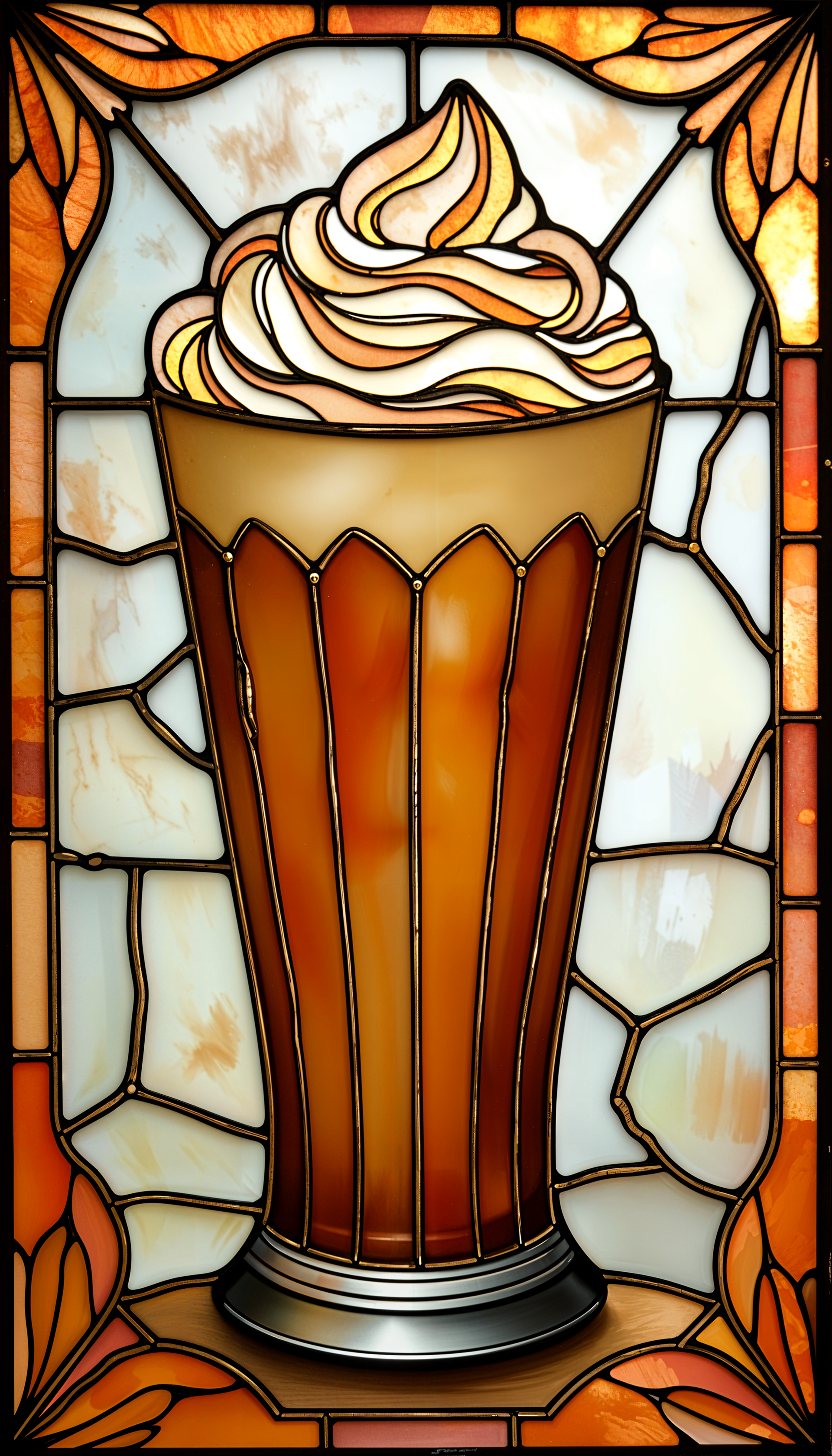 Colorful stained glass artwork featuring a pumpkin spice latte in a tall glass with whipped cream, designed as a stylish phone wallpaper.