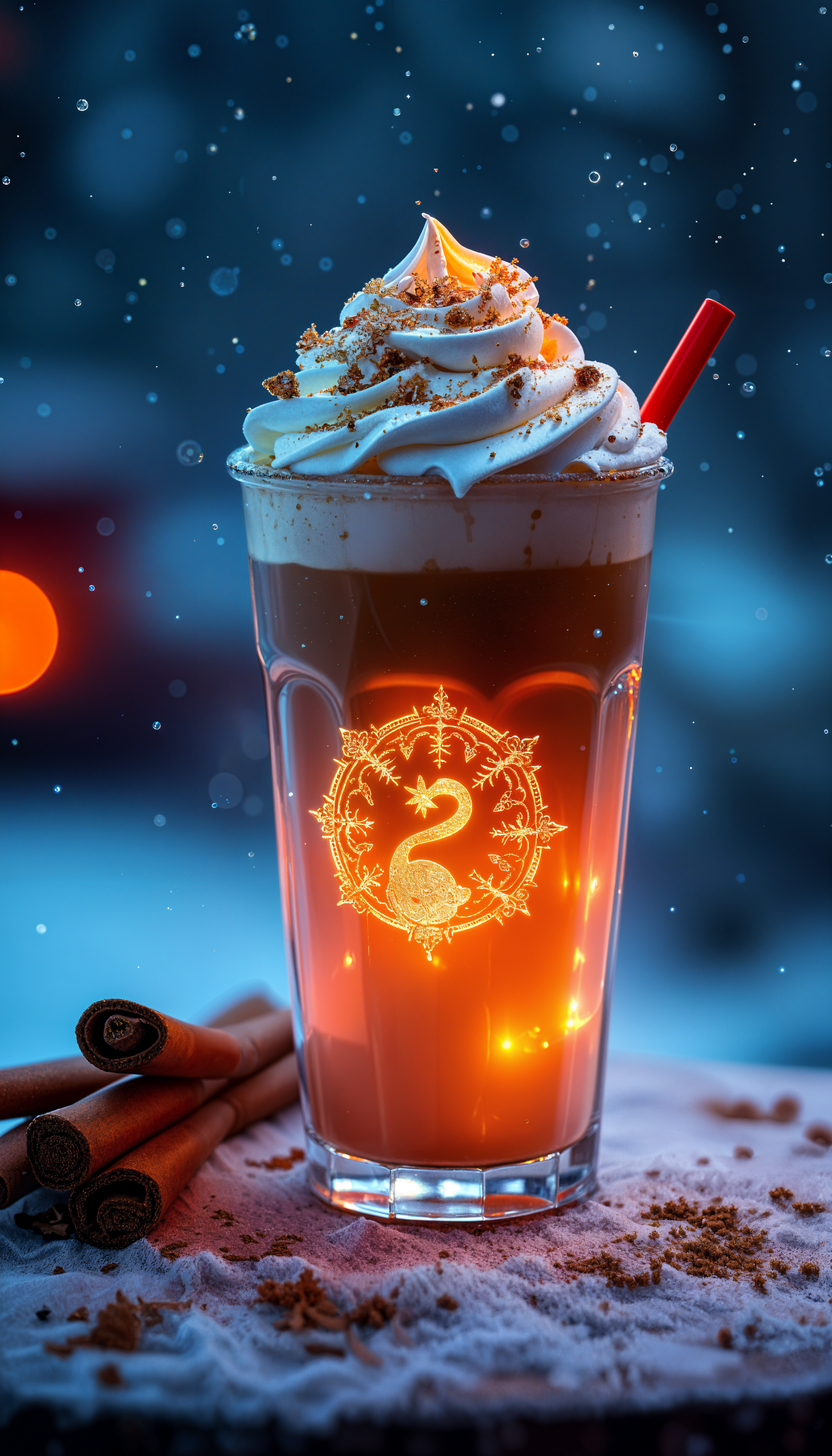 A beautifully crafted pumpkin spice latte topped with whipped cream and cinnamon, illuminated against a wintry backdrop, makes a cozy phone wallpaper for fall lovers.