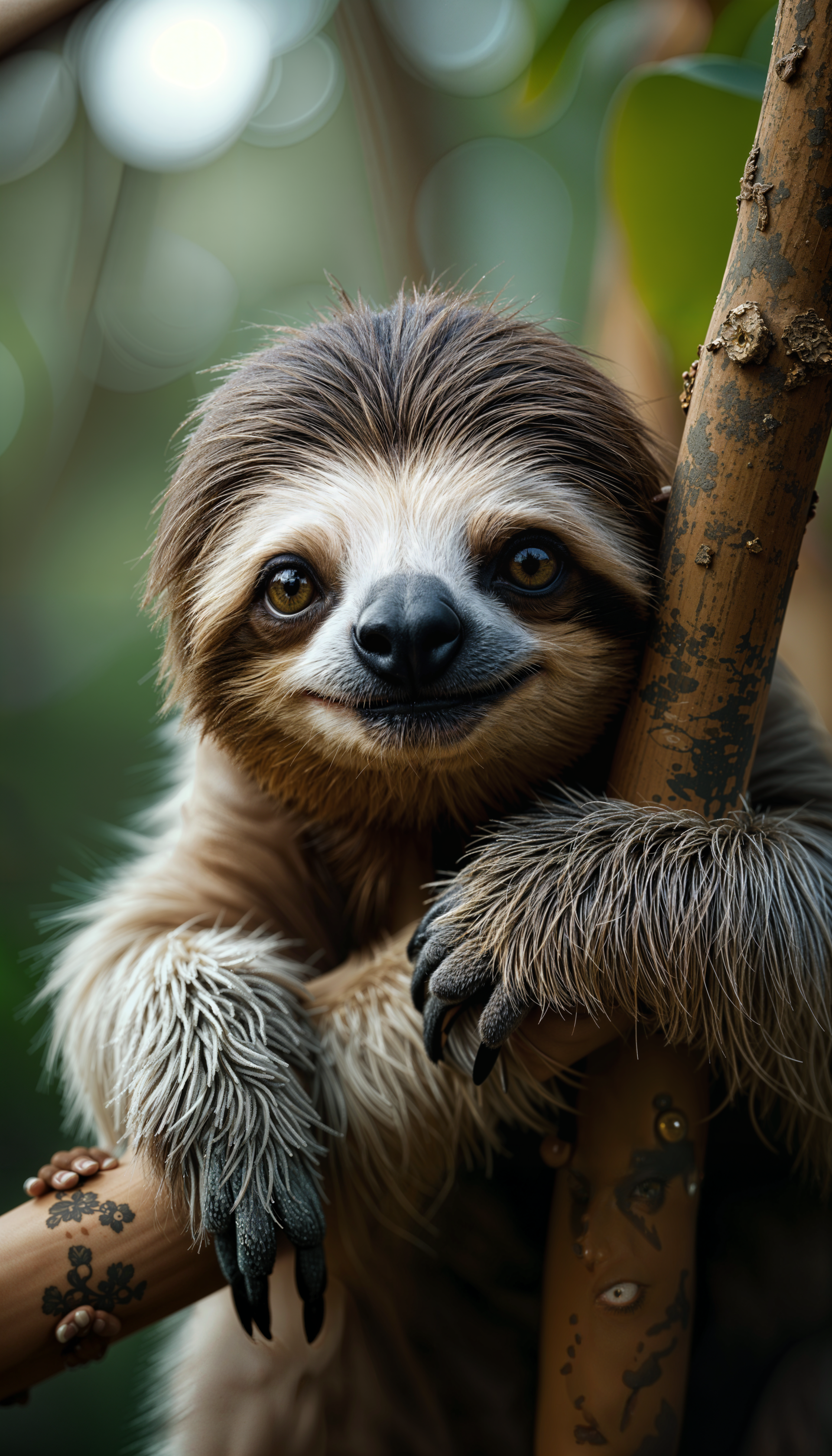 A close-up of a sloth smiling while clinging to a branch, surrounded by greenery, makes for an adorable phone wallpaper.