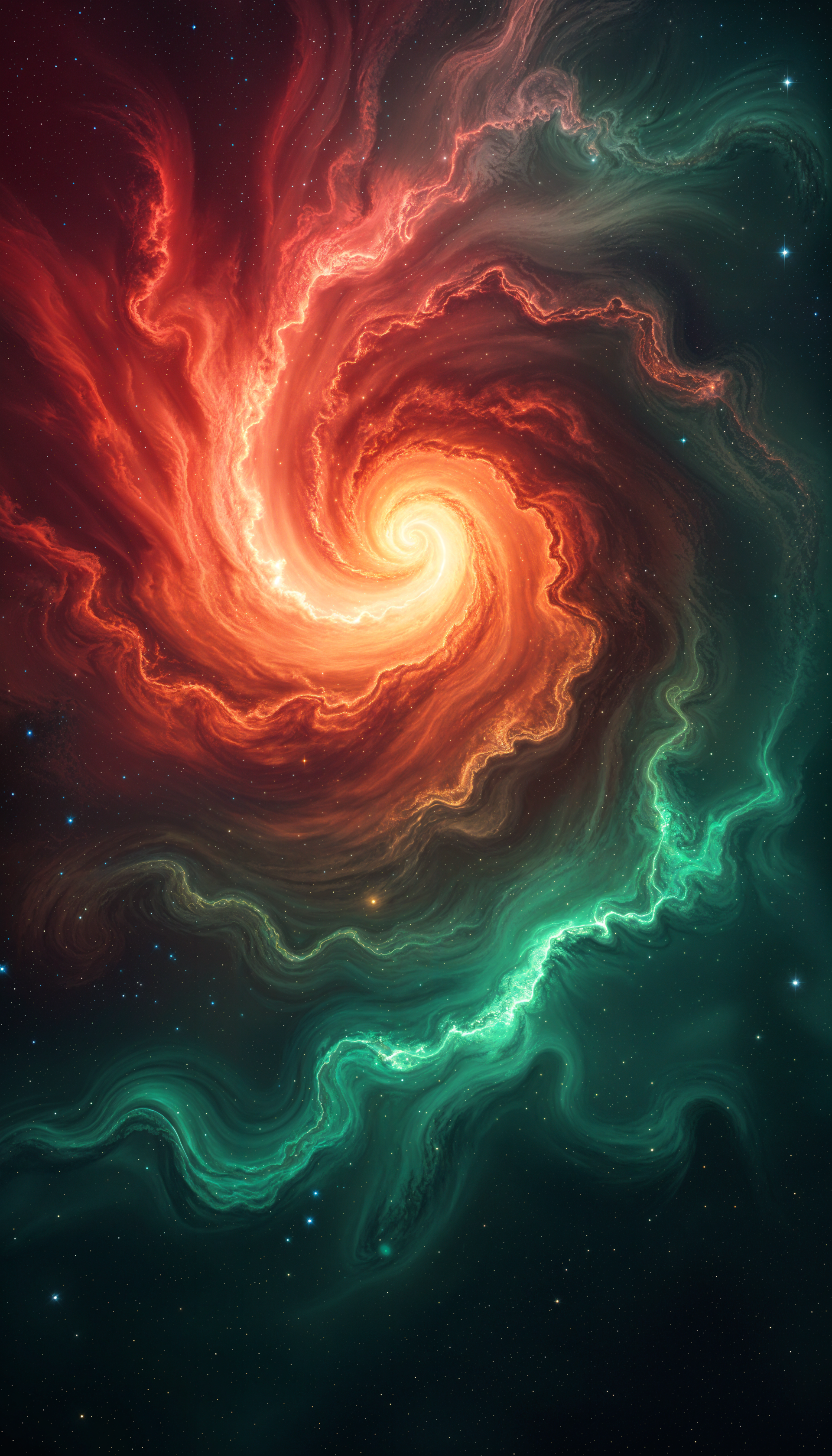 A vibrant galaxy spiral glowing in shades of red and green, set against a dark starry background, designed as an eye-catching phone wallpaper.