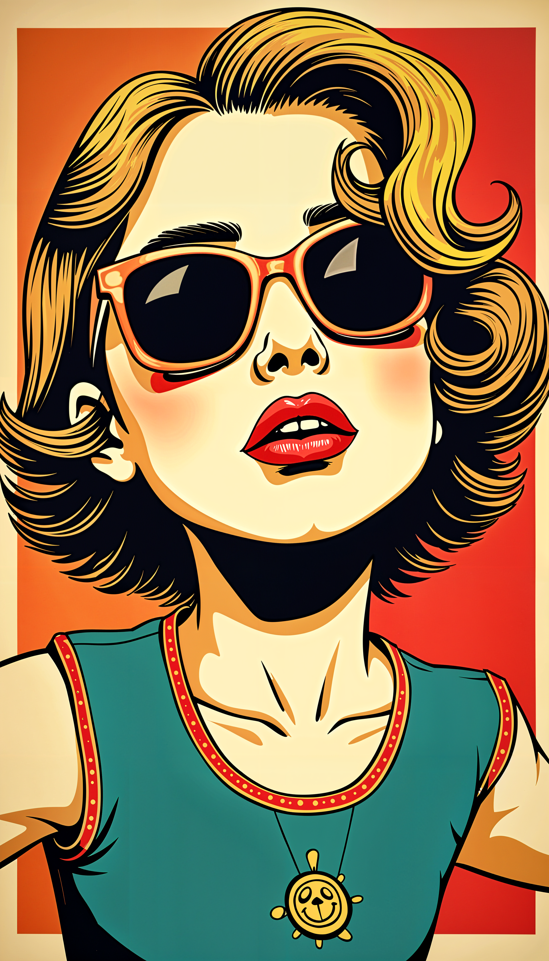 A stylish illustration of a woman with short, wavy hair wearing sunglasses and red lips. She sports a colorful tank top with a sun pendant, set against a vibrant background.
