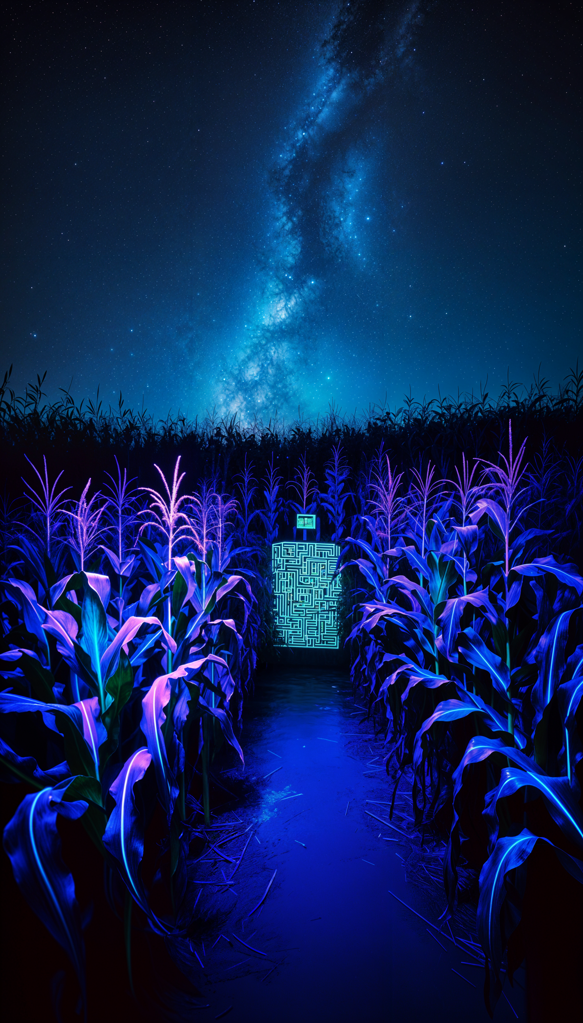 A vibrant corn maze glows blue under a starry night sky, featuring a maze-like door at the end of the pathway, creating a unique and captivating phone wallpaper.