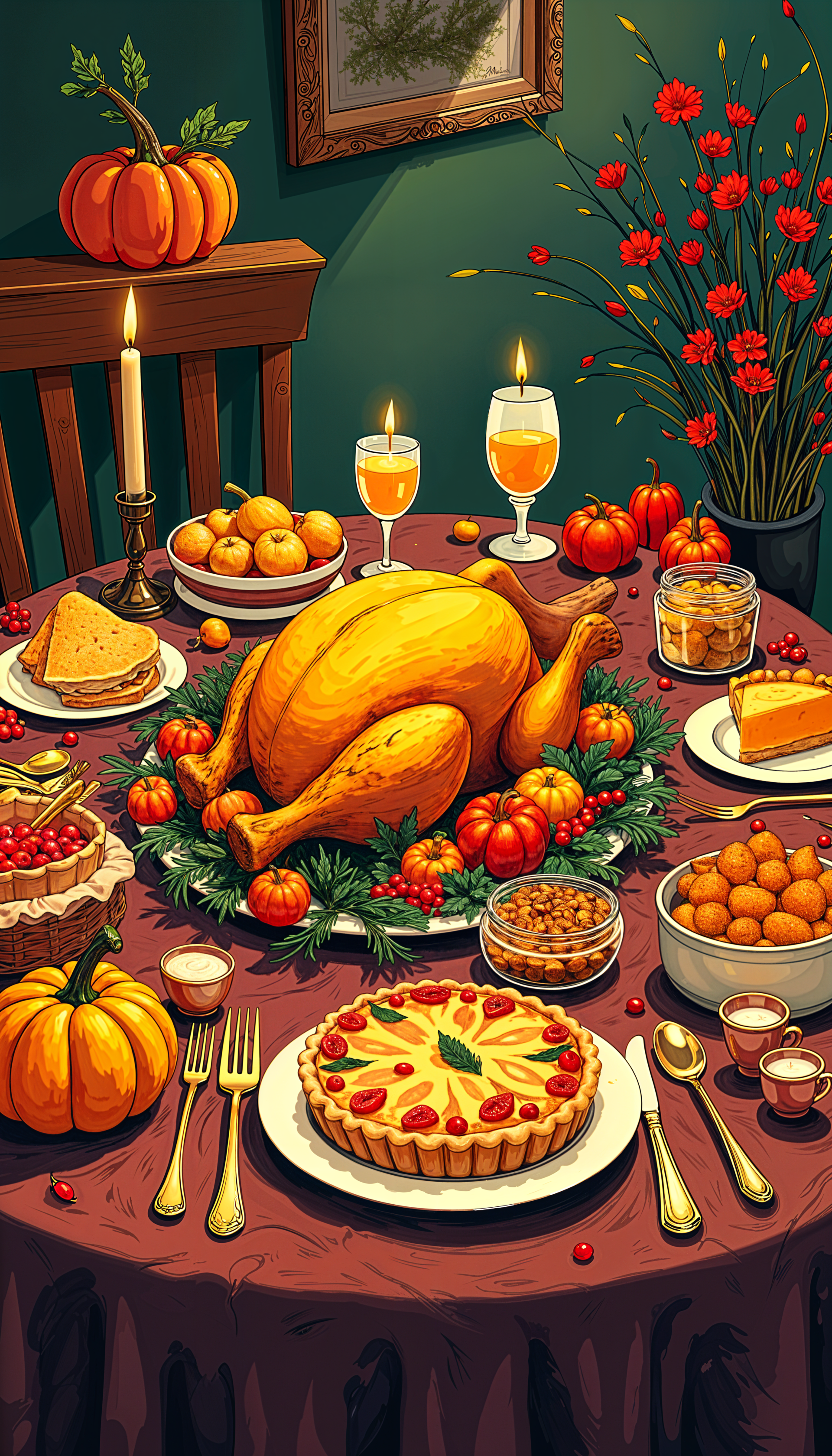 Thanksgiving feast wallpaper showing a roasted turkey centerpiece surrounded by pumpkins, pie, candles, autumn flowers, and various dishes, set on a festive table.