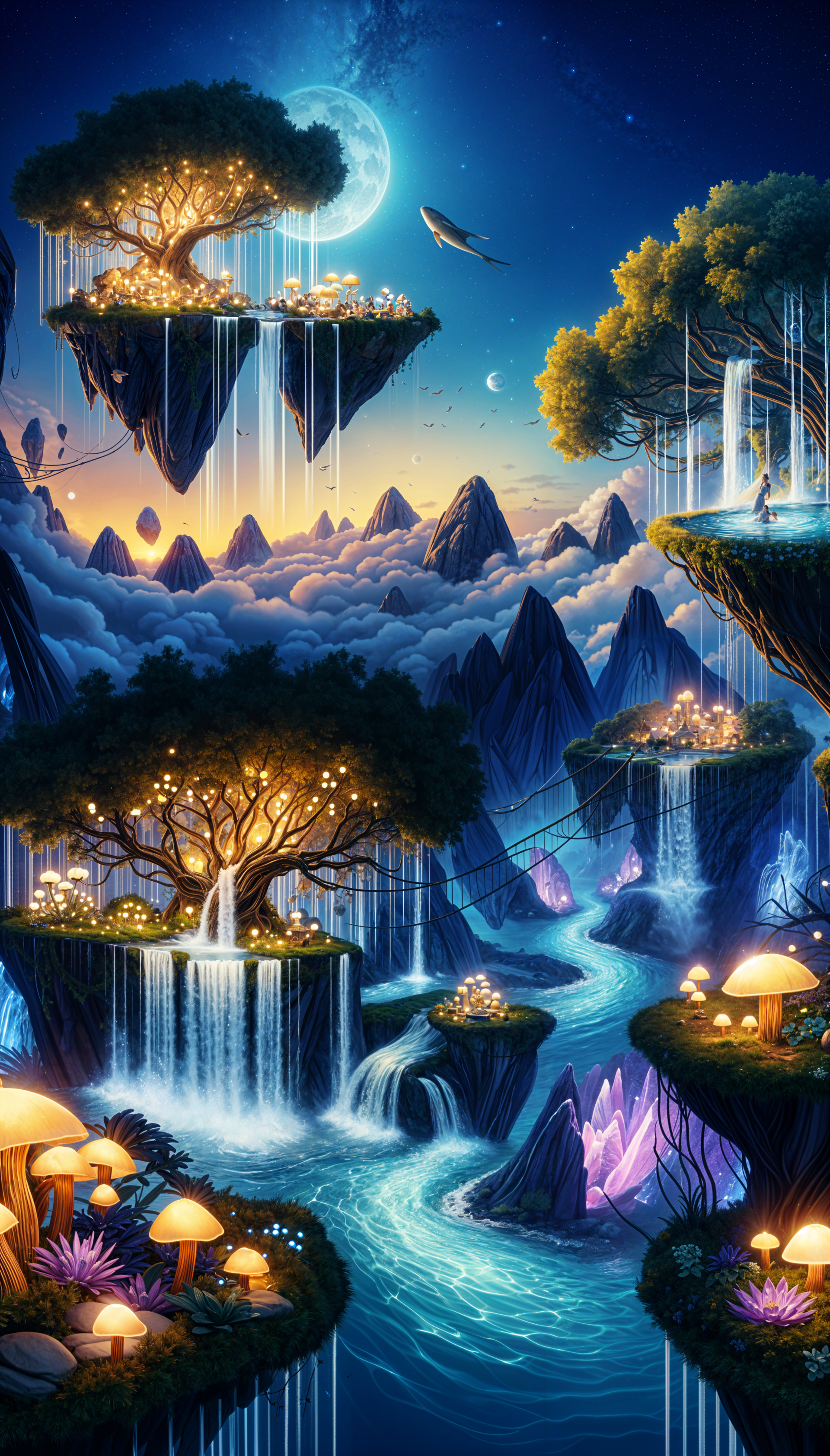 A vibrant phone wallpaper featuring floating islands with glowing trees and waterfalls, surrounded by mystical mountains and a serene river, creating an enchanting landscape.