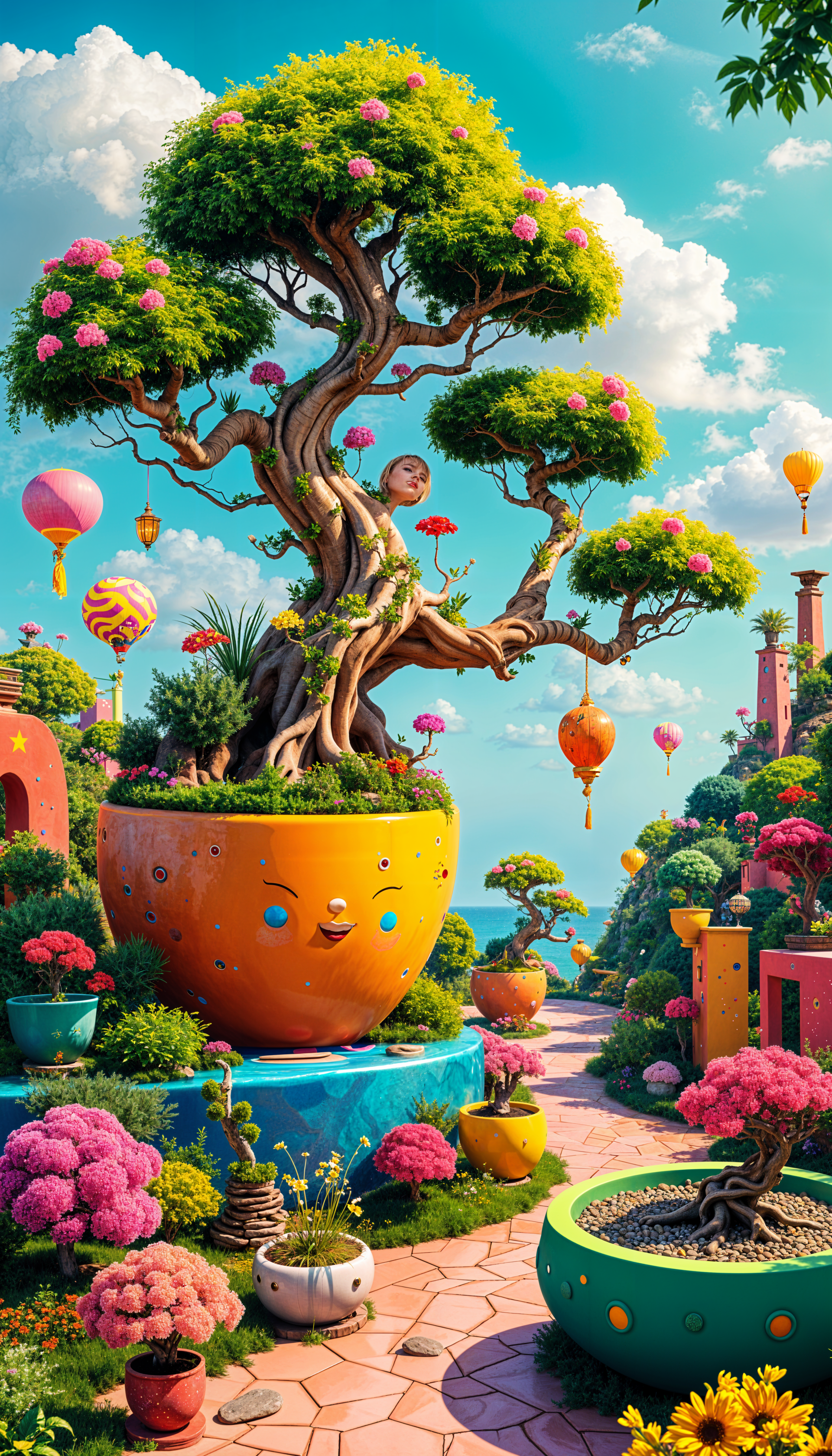 A vibrant fantasy bonsai garden with whimsical, colorful trees and flowers, floating lanterns, and lively pots shaped like smiling faces, designed as a phone wallpaper.
