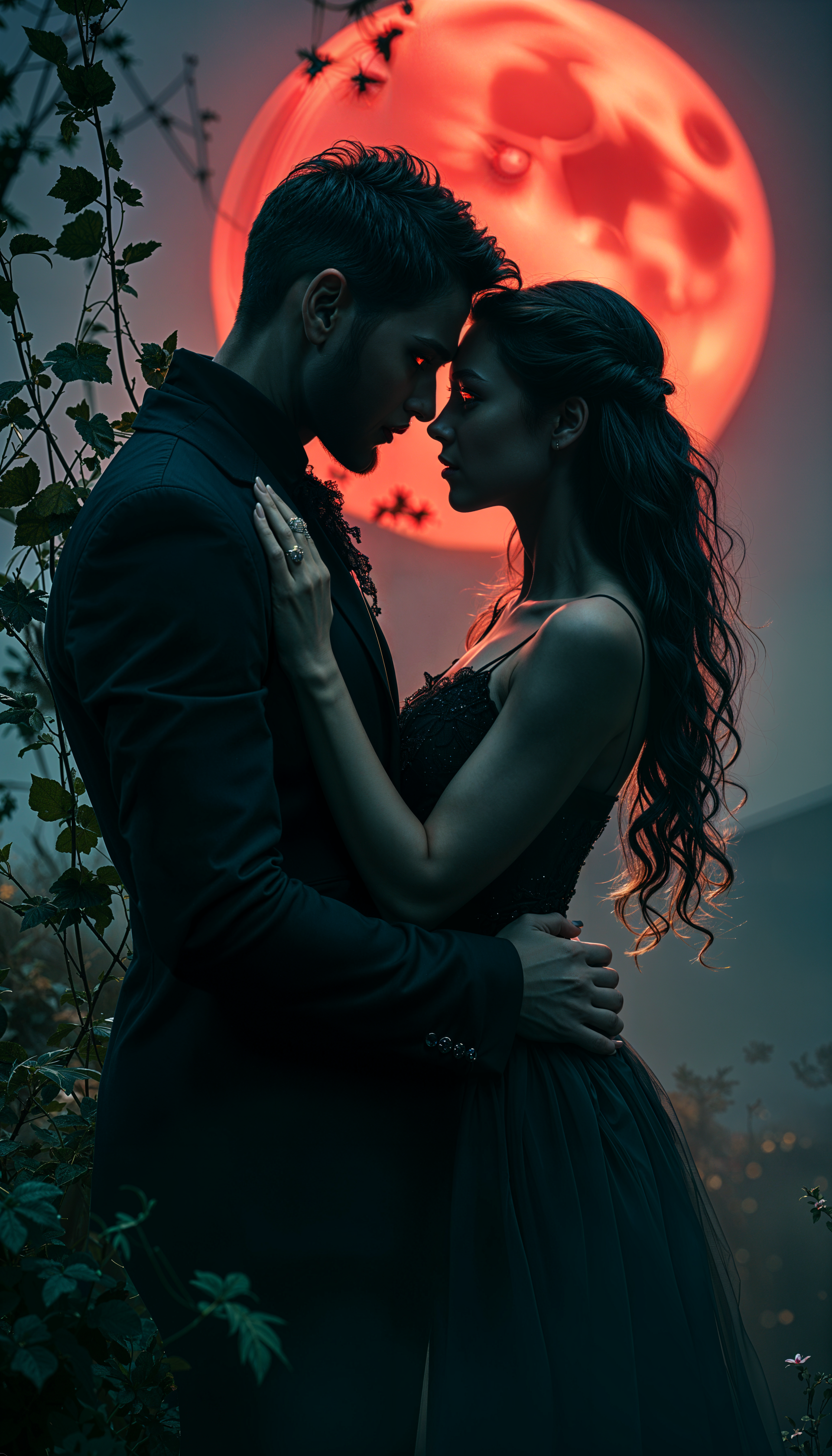 A dark romance phone wallpaper featuring a couple embracing under a glowing red moon, surrounded by shadows and lush greenery, exuding an enchanting and mysterious atmosphere.