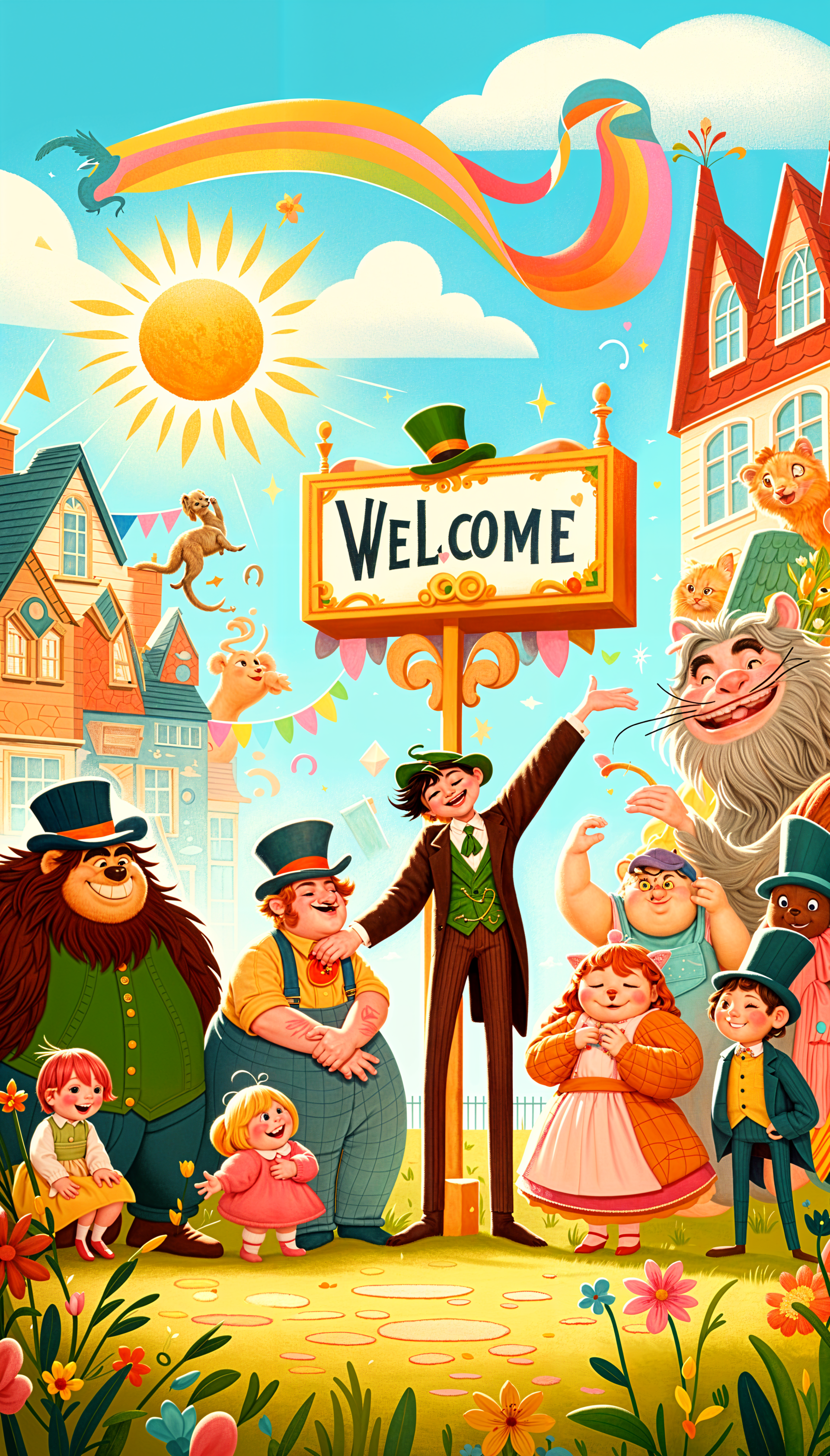 A colorful phone wallpaper featuring a cheerful group of characters and animals gathered around a Welcome sign, set against a bright, sunny background with whimsical buildings.