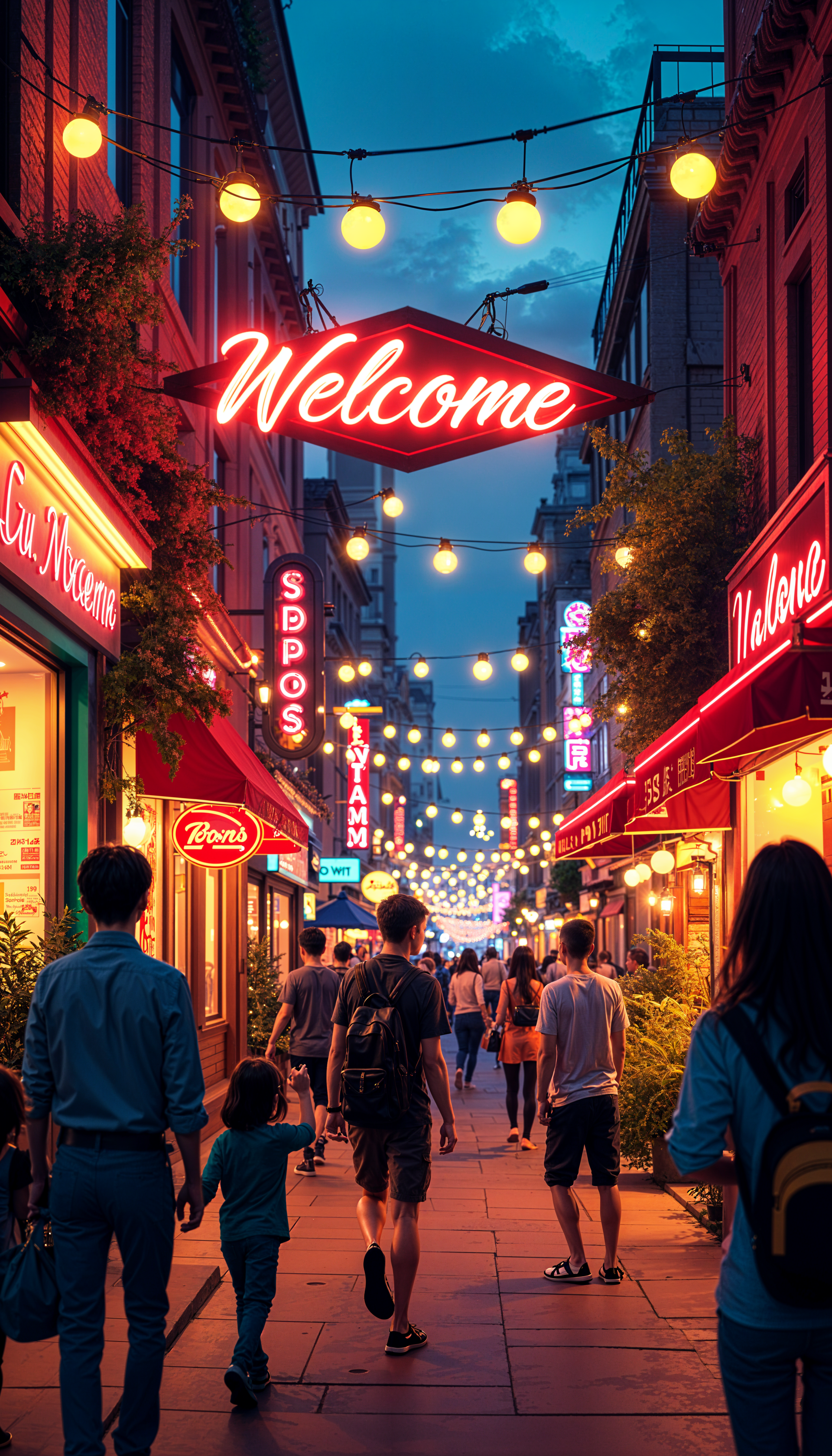 Phone wallpaper showing a lively street at night with glowing neon Welcome signs and hanging lights, filled with people walking under a deep blue sky.